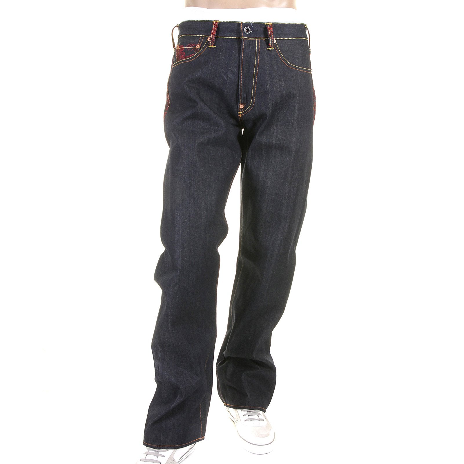 RMC JEANS RARE SCARLET TSUNAMI WAVE FULL BACK EMBROIDERED GENUINE RAW VINTAGE CUT DENIM JEANS REDM6311