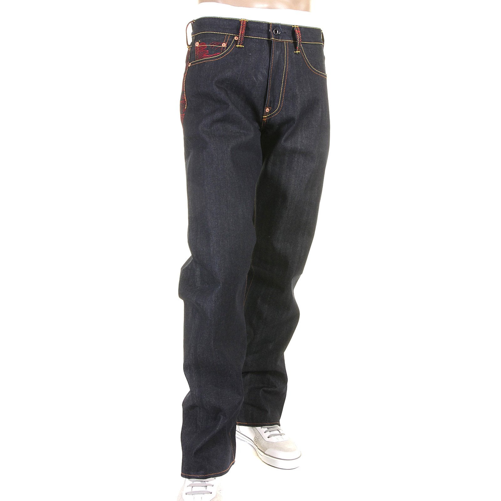 RMC JEANS RARE SCARLET TSUNAMI WAVE FULL BACK EMBROIDERED GENUINE RAW VINTAGE CUT DENIM JEANS REDM6311