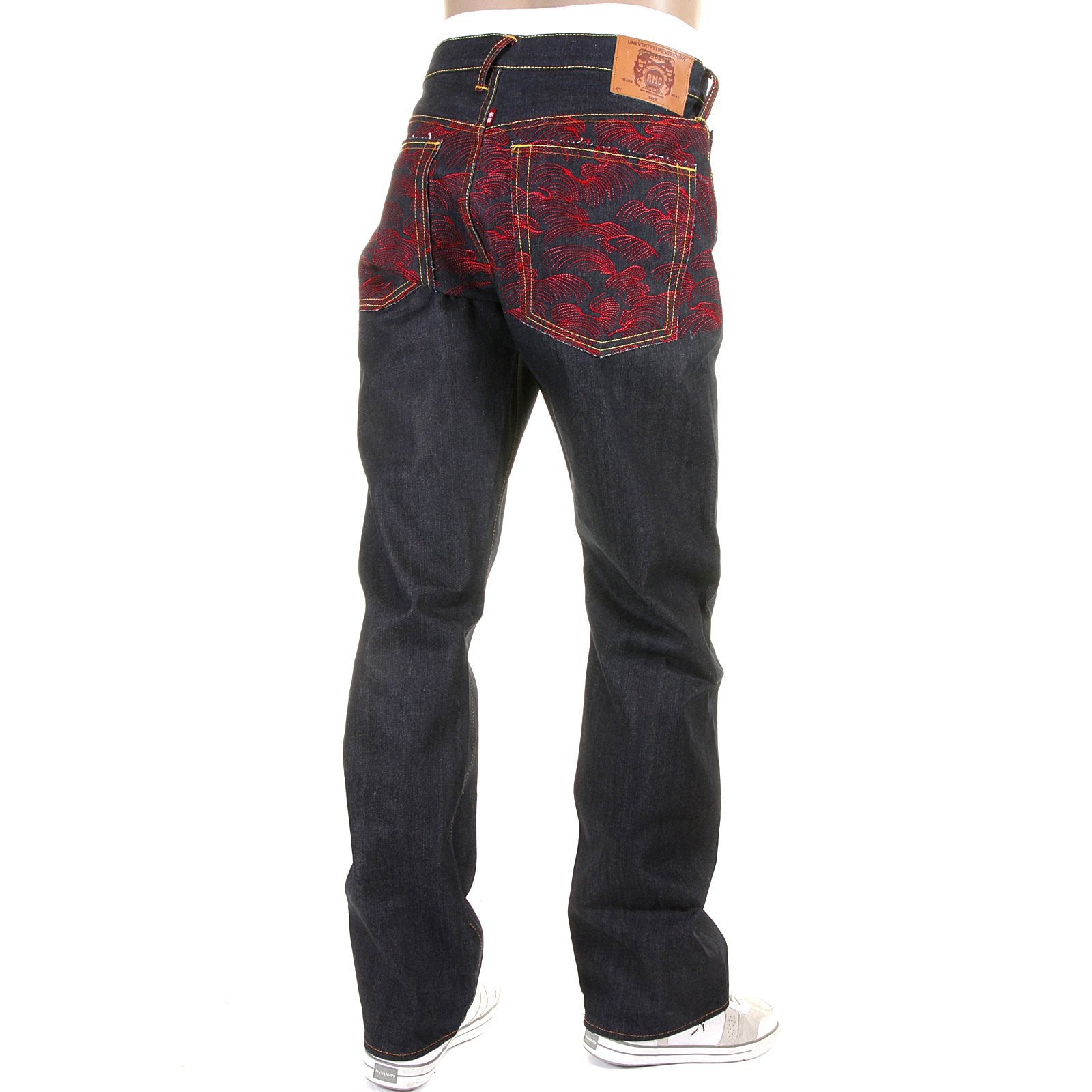 RMC JEANS RARE SCARLET TSUNAMI WAVE FULL BACK EMBROIDERED GENUINE RAW VINTAGE CUT DENIM JEANS REDM6311
