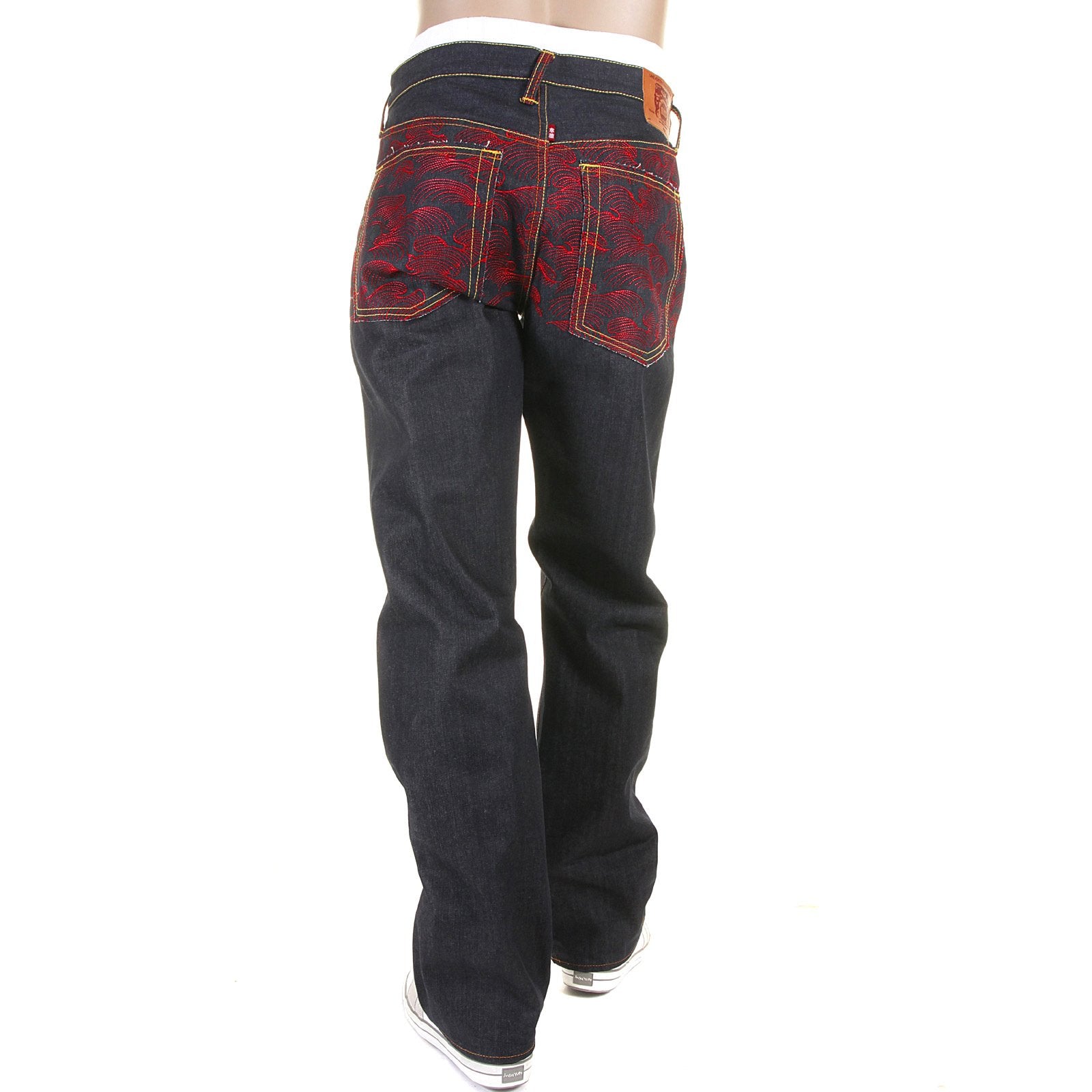 RMC JEANS RARE SCARLET TSUNAMI WAVE FULL BACK EMBROIDERED GENUINE RAW VINTAGE CUT DENIM JEANS REDM6311