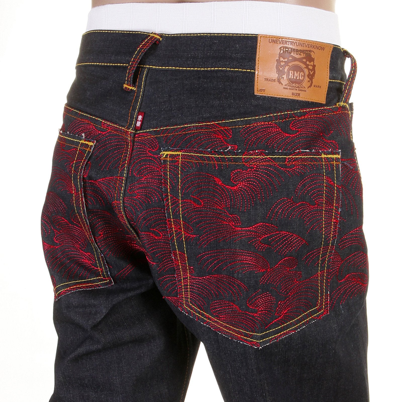RMC JEANS RARE SCARLET TSUNAMI WAVE FULL BACK EMBROIDERED GENUINE RAW VINTAGE CUT DENIM JEANS REDM6311