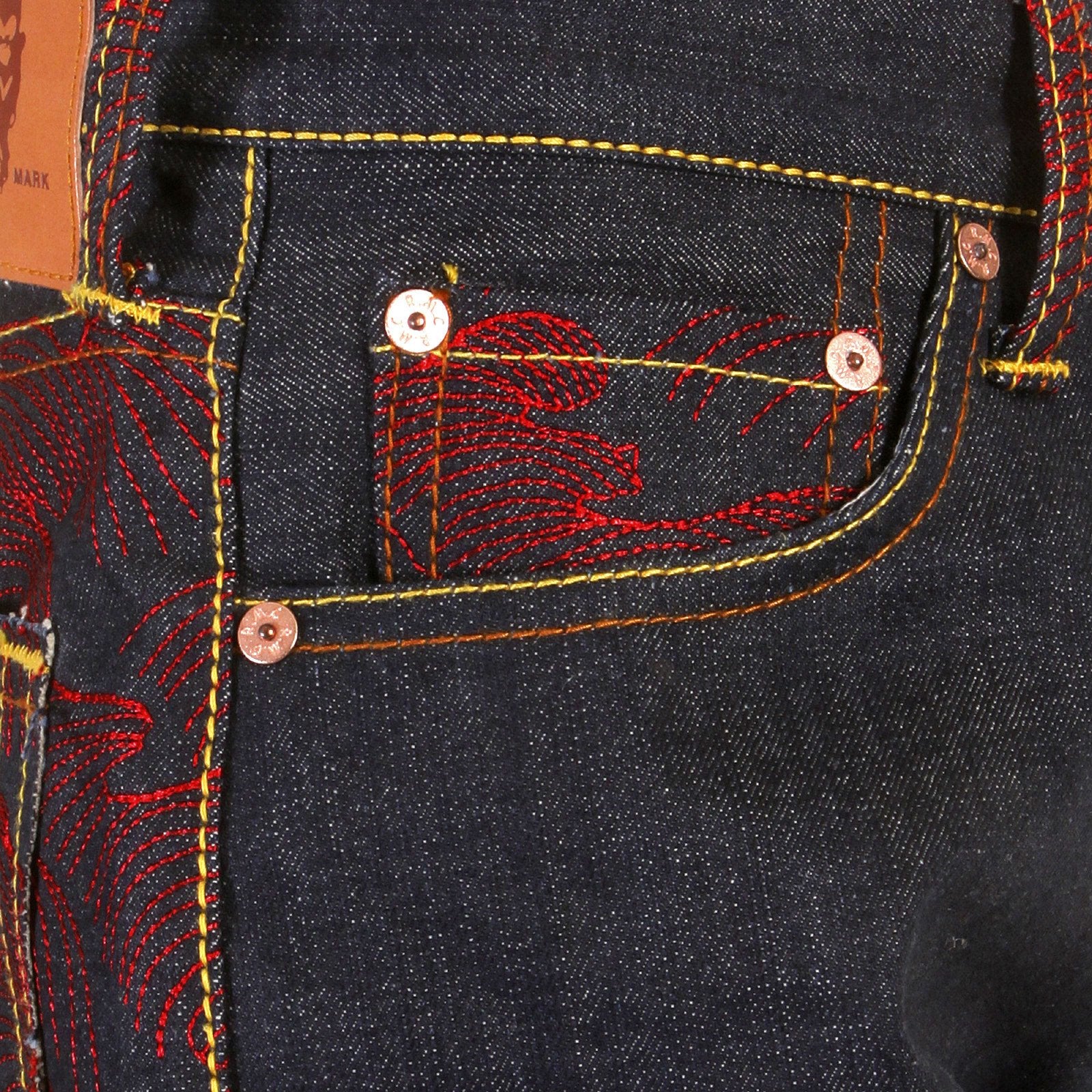 RMC JEANS RARE SCARLET TSUNAMI WAVE FULL BACK EMBROIDERED GENUINE RAW VINTAGE CUT DENIM JEANS REDM6311