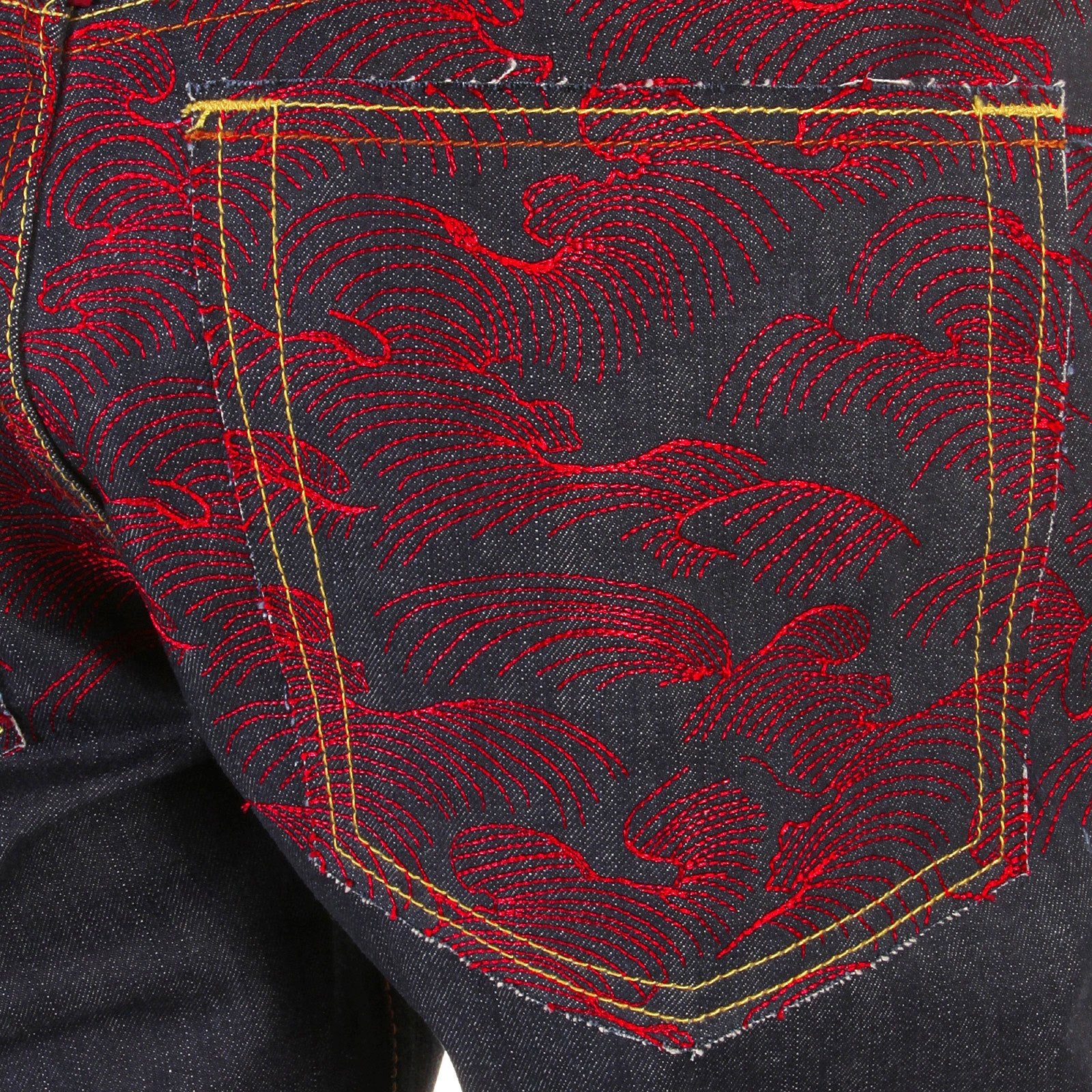 RMC JEANS RARE SCARLET TSUNAMI WAVE FULL BACK EMBROIDERED GENUINE RAW VINTAGE CUT DENIM JEANS REDM6311