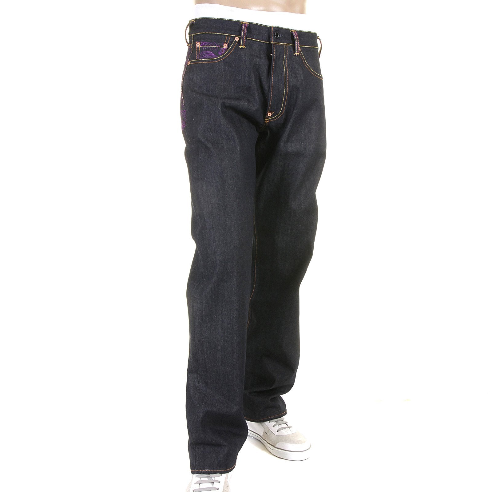RMC JEANS EXCLUSIVE VIOLET TSUNAMI WAVE EMBROIDERED GENUINE RAW VINTAGE CUT DENIM JEANS REDM6312