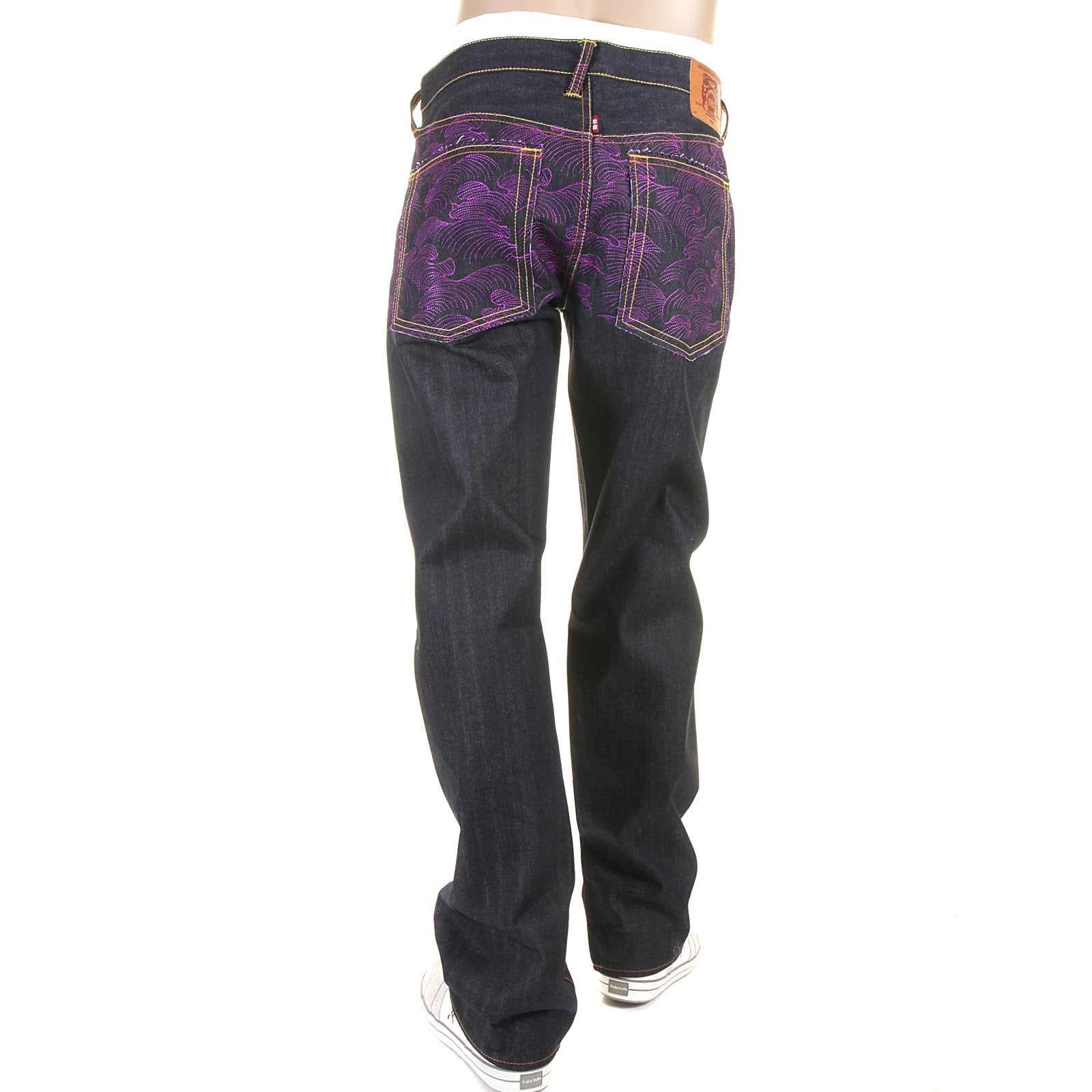 RMC JEANS EXCLUSIVE VIOLET TSUNAMI WAVE EMBROIDERED GENUINE RAW VINTAGE CUT DENIM JEANS REDM6312