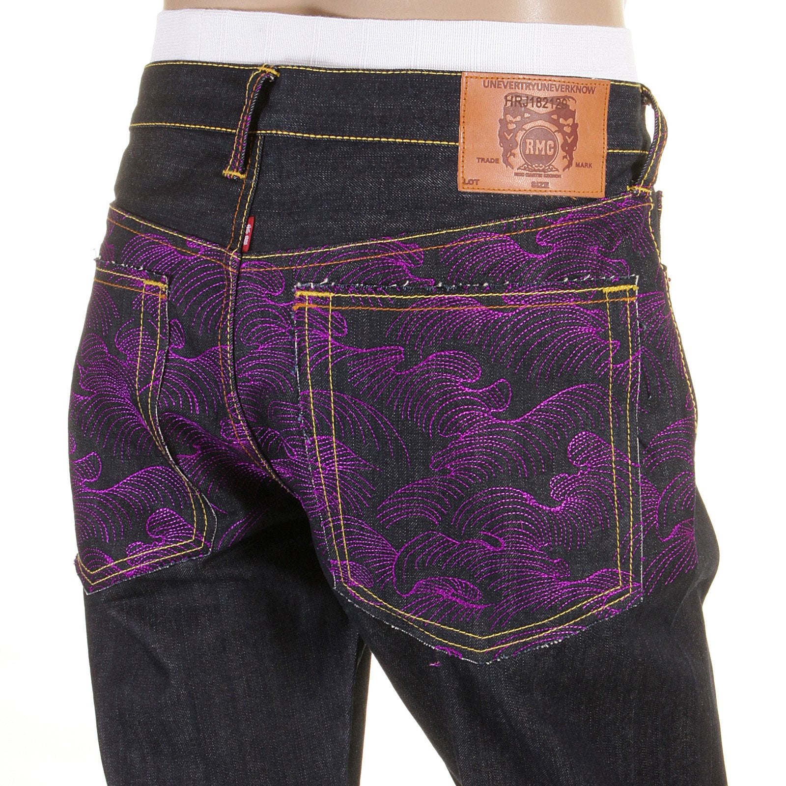 RMC JEANS EXCLUSIVE VIOLET TSUNAMI WAVE EMBROIDERED GENUINE RAW VINTAGE CUT DENIM JEANS REDM6312