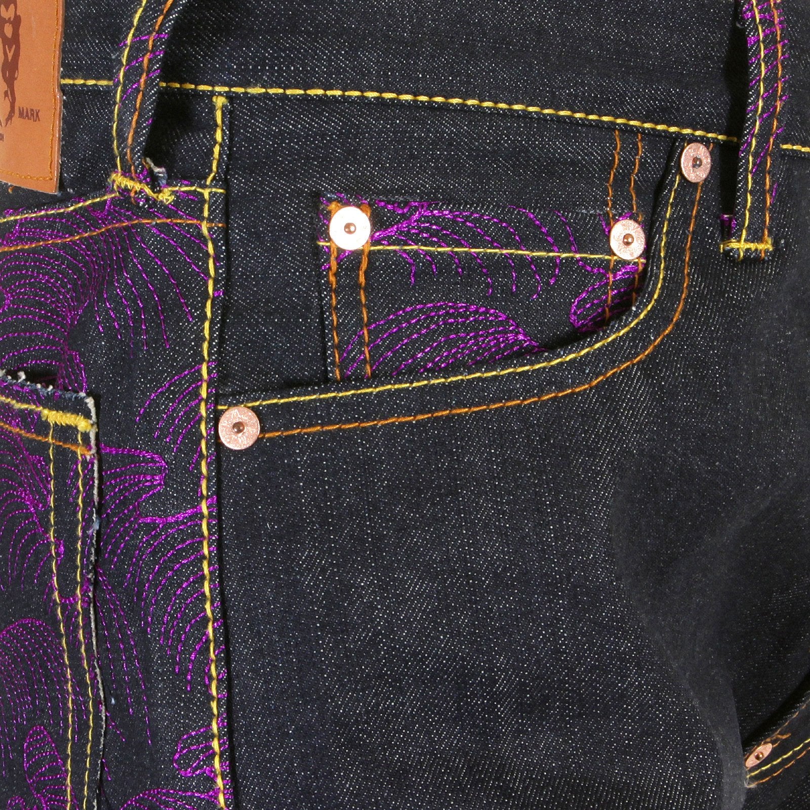 RMC JEANS EXCLUSIVE VIOLET TSUNAMI WAVE EMBROIDERED GENUINE RAW VINTAGE CUT DENIM JEANS REDM6312