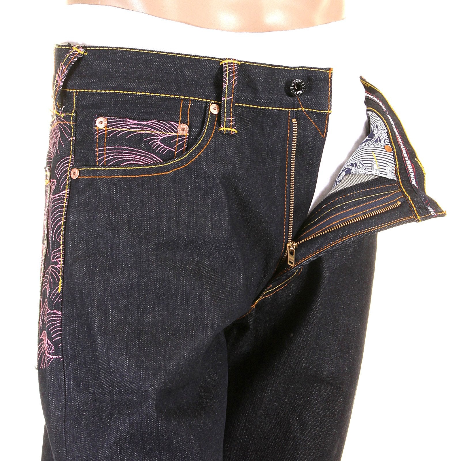 RMC JEANS EXCLUSIVE ENCHANTED PINK TSUNAMI EMBROIDERED GENUINE RAW VINTAGE CUT DENIM JEANS REDM6315