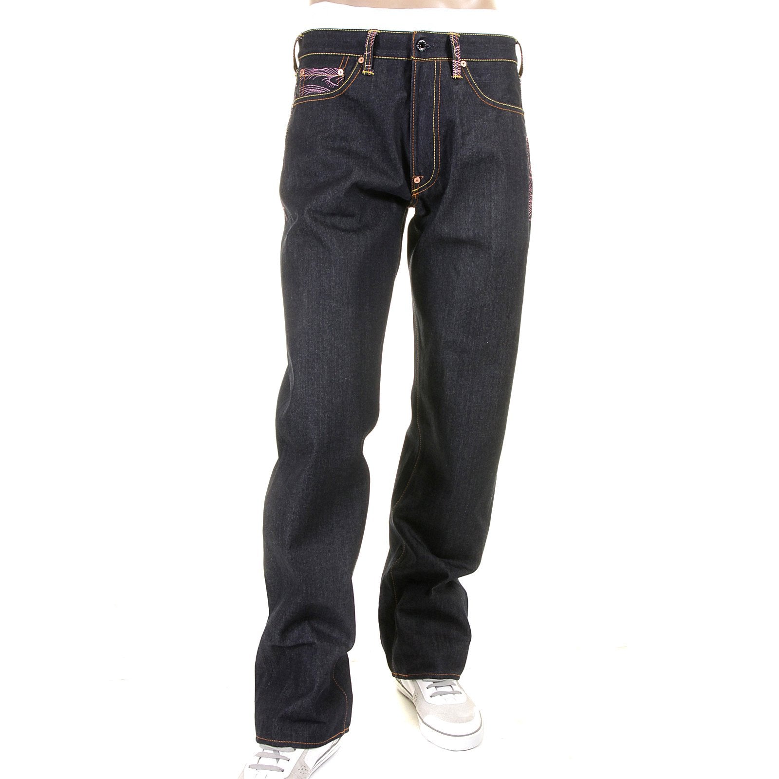 RMC JEANS EXCLUSIVE ENCHANTED PINK TSUNAMI EMBROIDERED GENUINE RAW VINTAGE CUT DENIM JEANS REDM6315