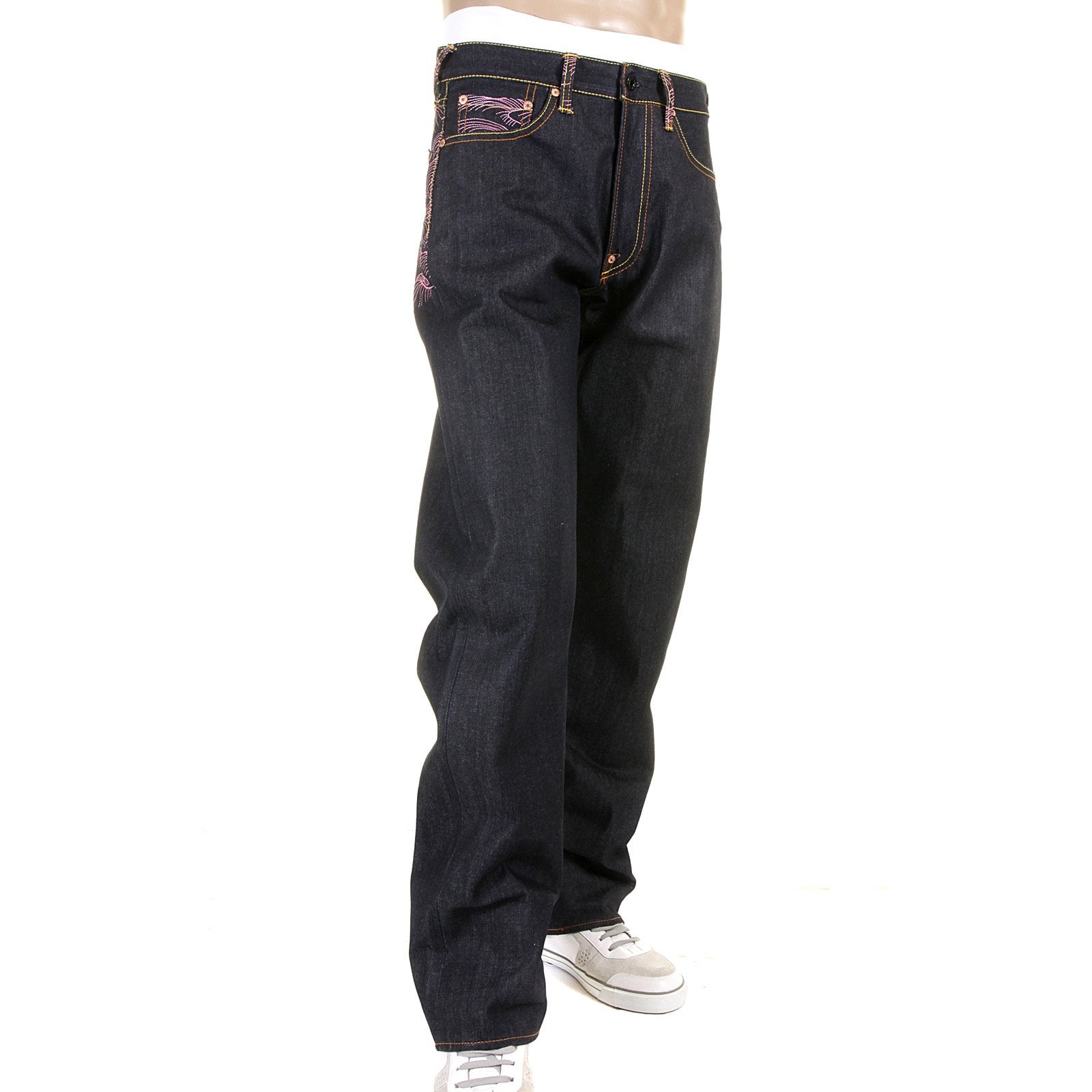 RMC JEANS EXCLUSIVE ENCHANTED PINK TSUNAMI EMBROIDERED GENUINE RAW VINTAGE CUT DENIM JEANS REDM6315