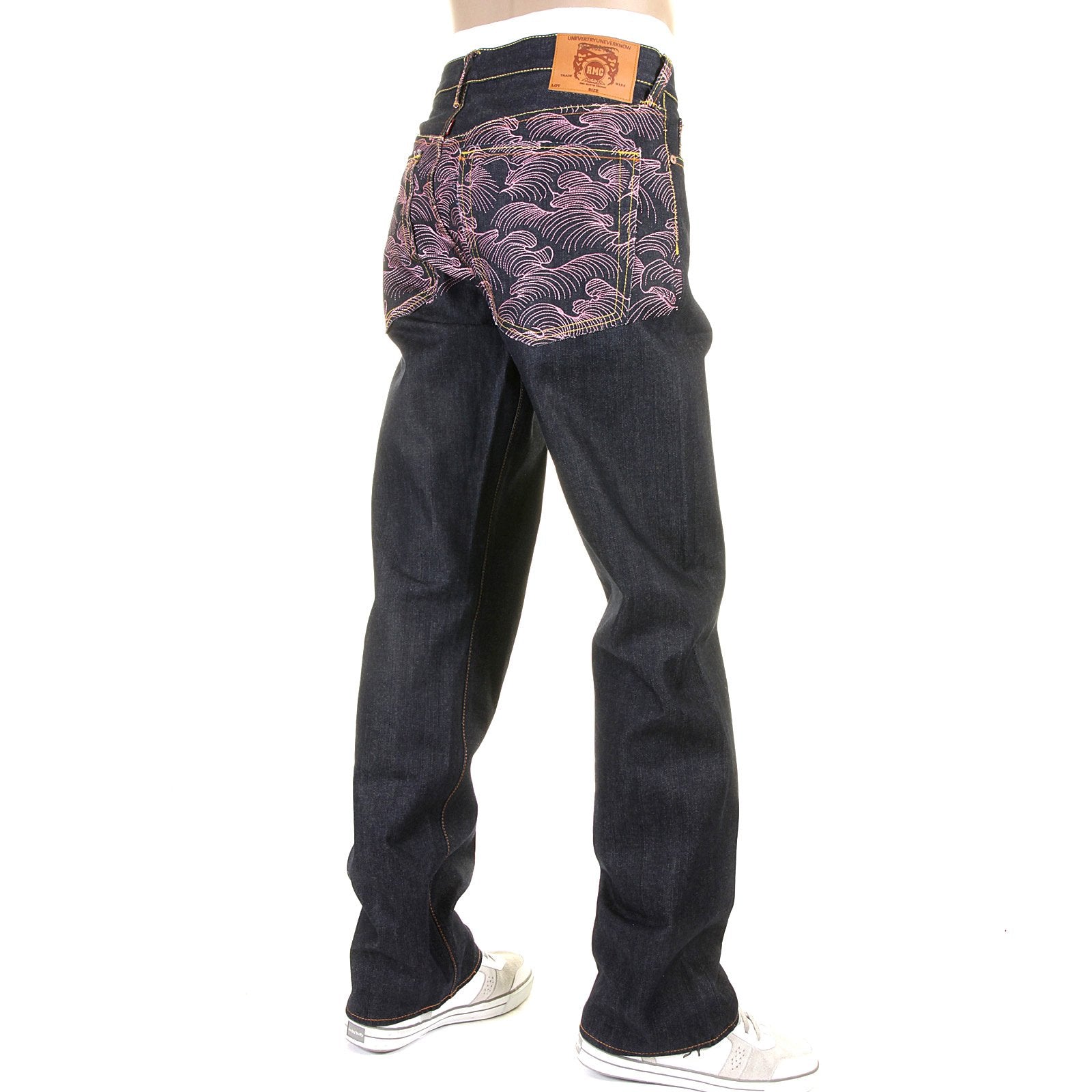RMC JEANS EXCLUSIVE ENCHANTED PINK TSUNAMI EMBROIDERED GENUINE RAW VINTAGE CUT DENIM JEANS REDM6315