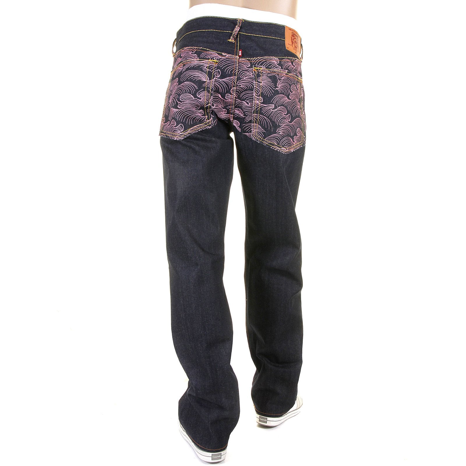 RMC JEANS EXCLUSIVE ENCHANTED PINK TSUNAMI EMBROIDERED GENUINE RAW VINTAGE CUT DENIM JEANS REDM6315