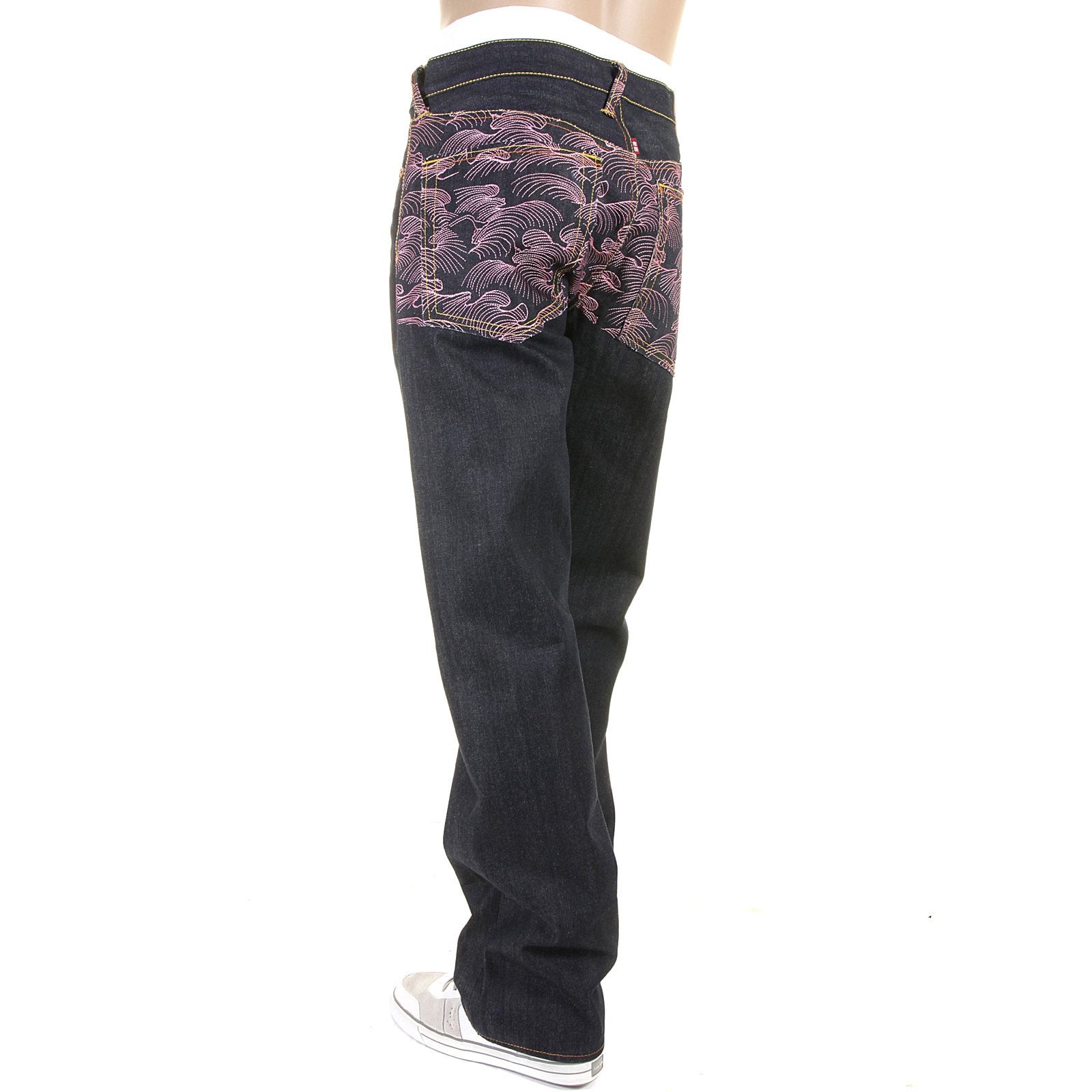 RMC JEANS EXCLUSIVE ENCHANTED PINK TSUNAMI EMBROIDERED GENUINE RAW VINTAGE CUT DENIM JEANS REDM6315