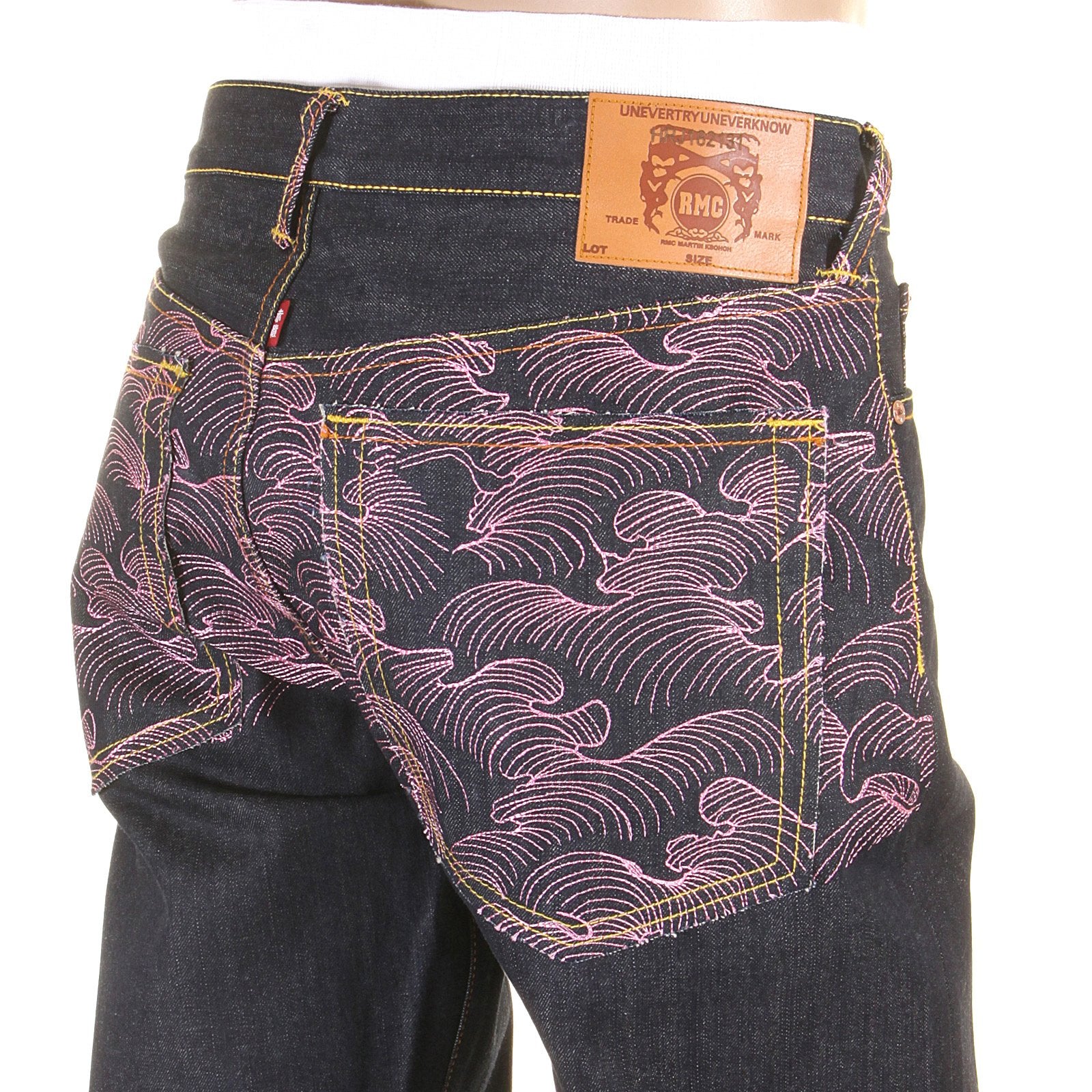 RMC JEANS EXCLUSIVE ENCHANTED PINK TSUNAMI EMBROIDERED GENUINE RAW VINTAGE CUT DENIM JEANS REDM6315