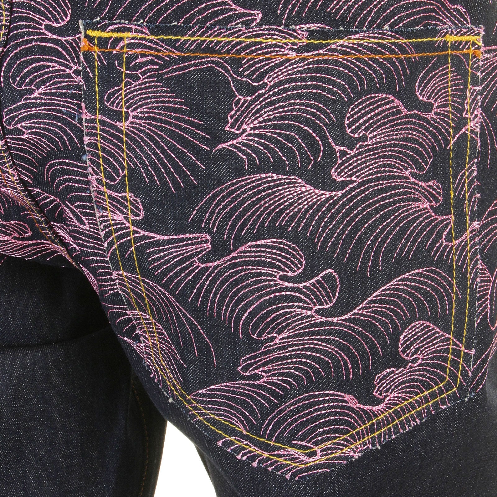 RMC JEANS EXCLUSIVE ENCHANTED PINK TSUNAMI EMBROIDERED GENUINE RAW VINTAGE CUT DENIM JEANS REDM6315