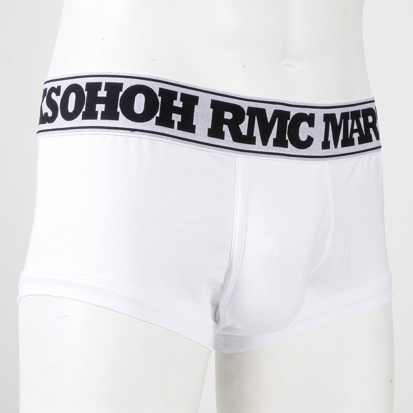 RMC JEANS WHITE COTTON RQU12007 STRETCH TRUNKS WITH BLACK LOGO WOVEN ON DEEP ELASTICATED WAISTBAND RMC001