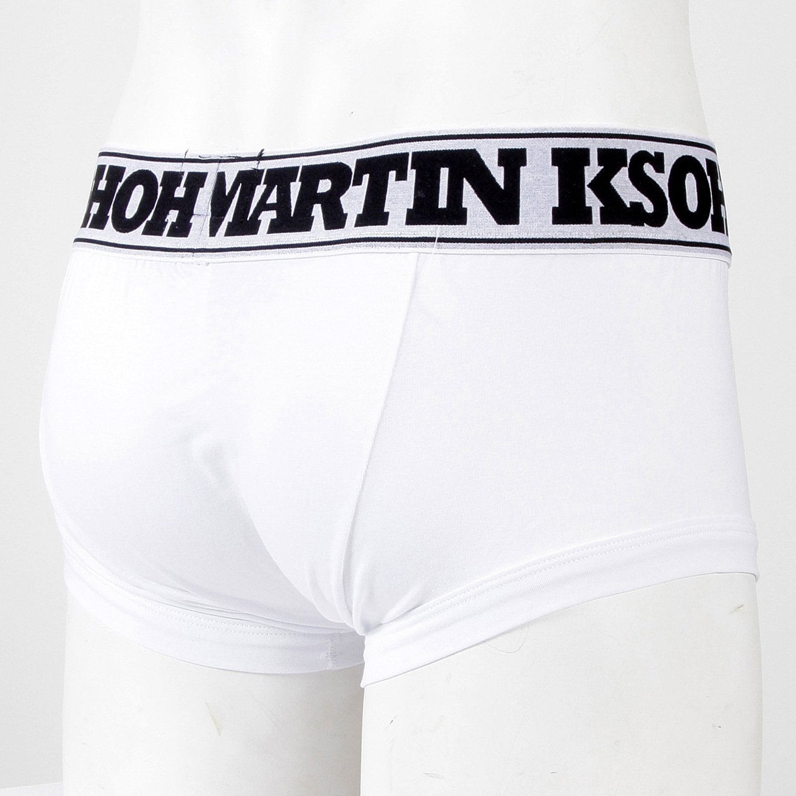 RMC JEANS WHITE COTTON RQU12007 STRETCH TRUNKS WITH BLACK LOGO WOVEN ON DEEP ELASTICATED WAISTBAND RMC001