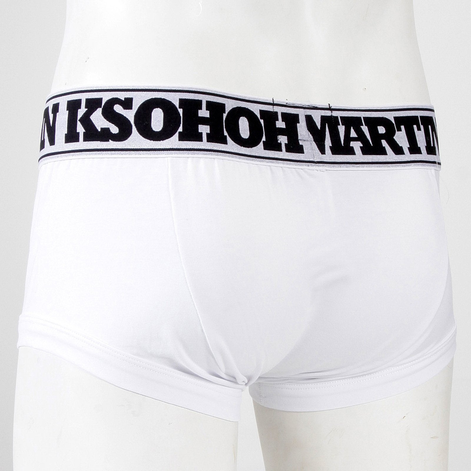 RMC JEANS WHITE COTTON RQU12007 STRETCH TRUNKS WITH BLACK LOGO WOVEN ON DEEP ELASTICATED WAISTBAND RMC001