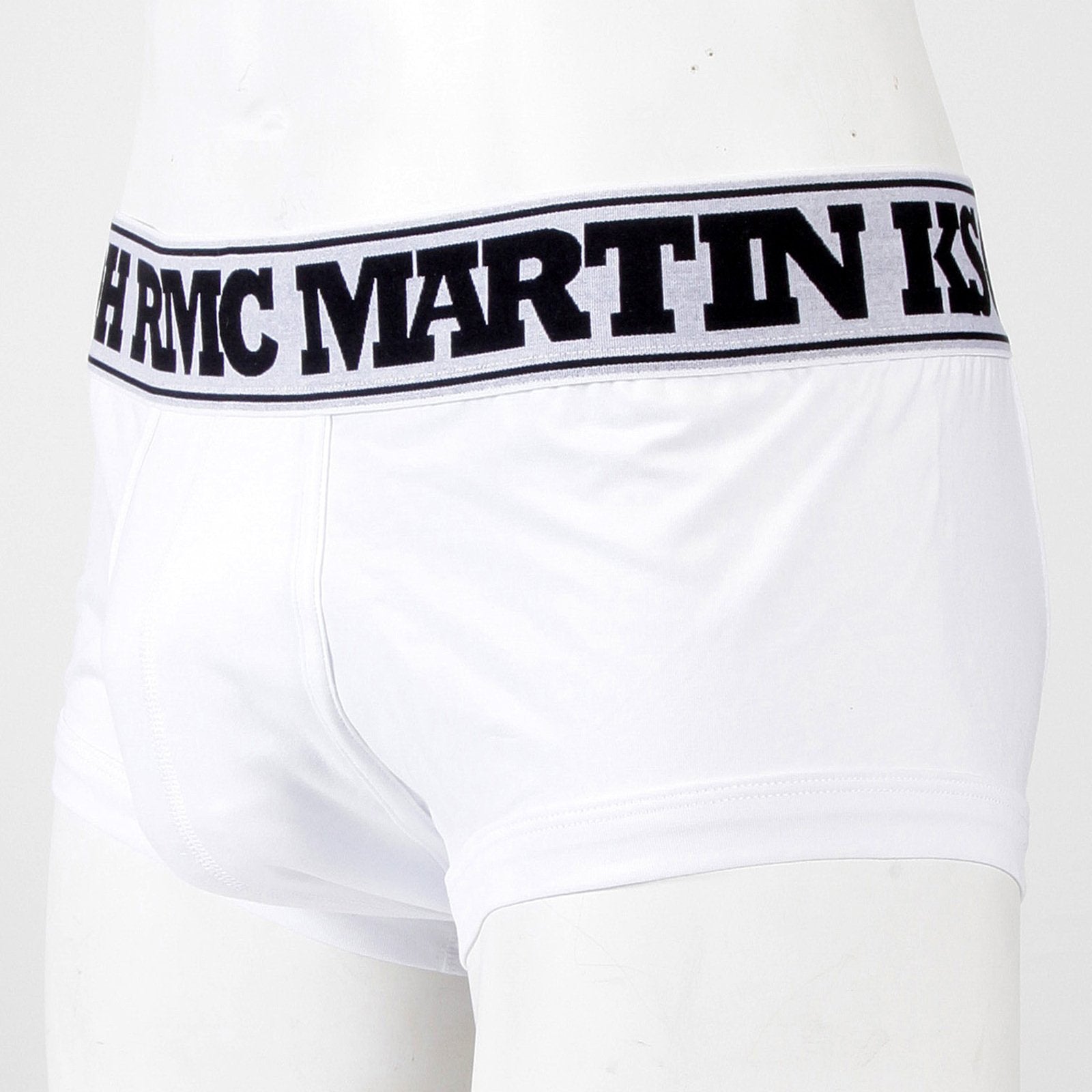 RMC JEANS WHITE COTTON RQU12007 STRETCH TRUNKS WITH BLACK LOGO WOVEN ON DEEP ELASTICATED WAISTBAND RMC001