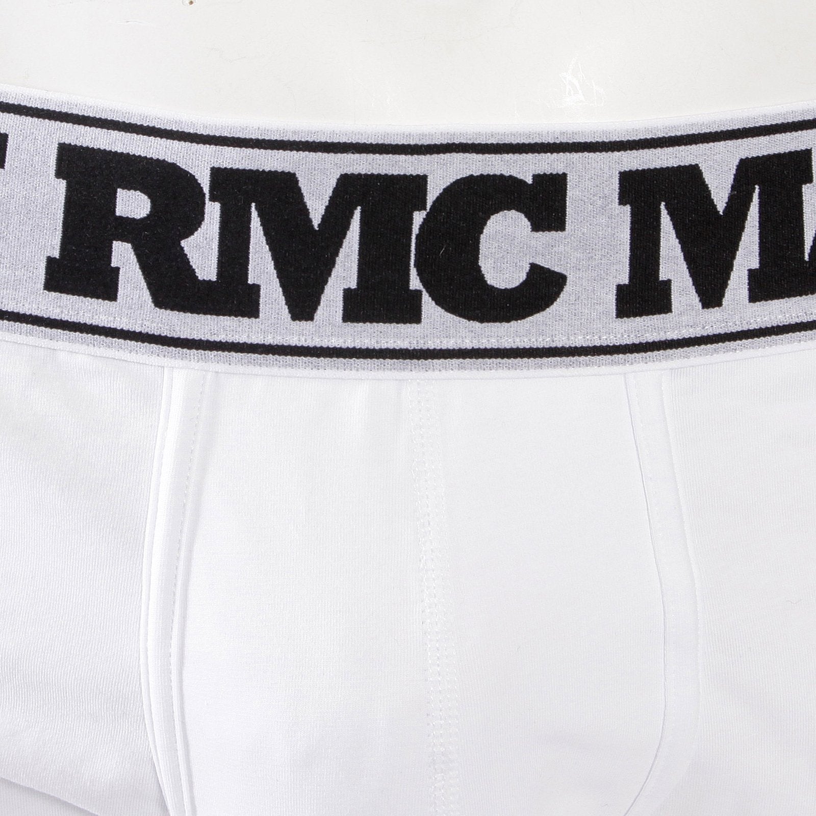 RMC JEANS WHITE COTTON RQU12007 STRETCH TRUNKS WITH BLACK LOGO WOVEN ON DEEP ELASTICATED WAISTBAND RMC001