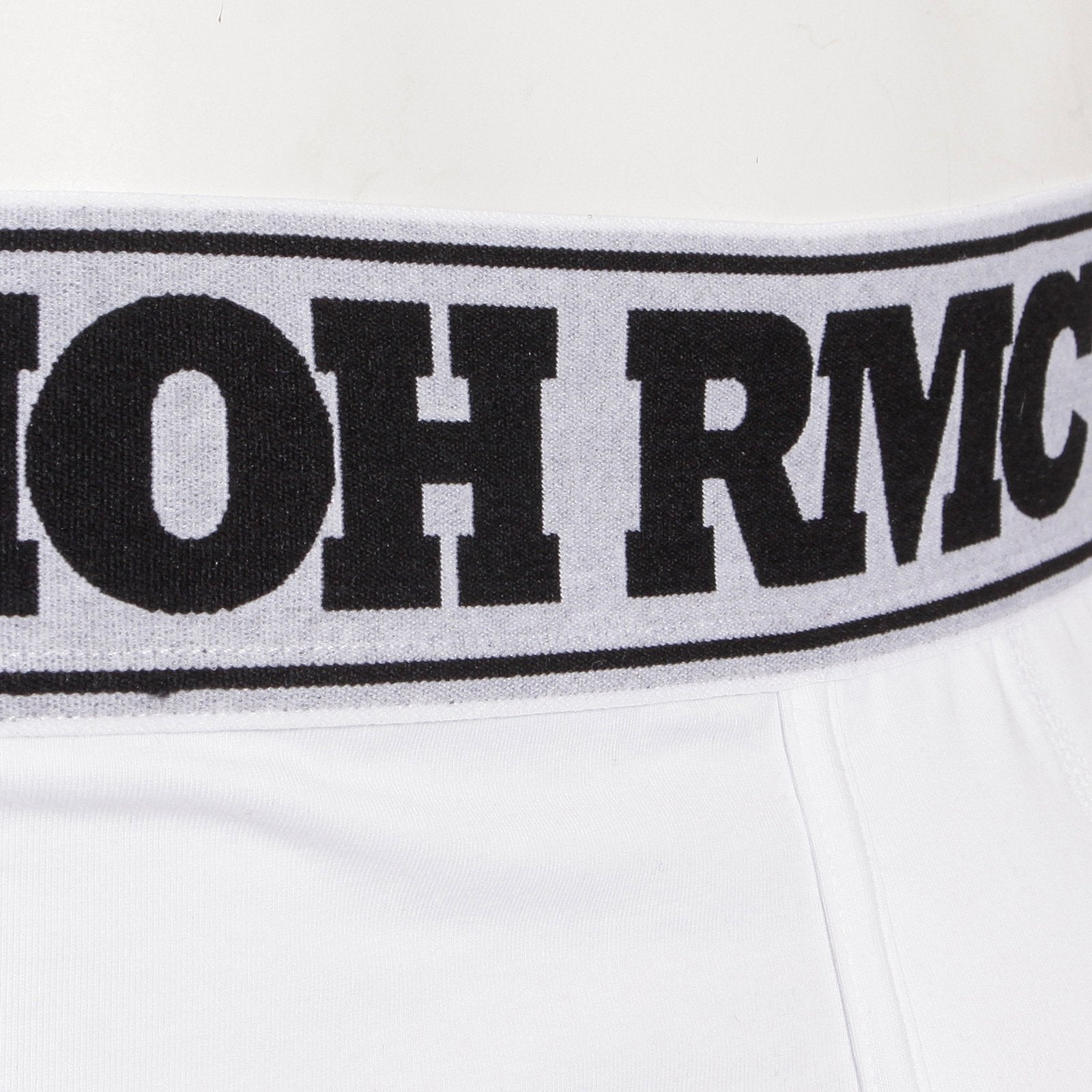 RMC JEANS WHITE COTTON RQU12007 STRETCH TRUNKS WITH BLACK LOGO WOVEN ON DEEP ELASTICATED WAISTBAND RMC001