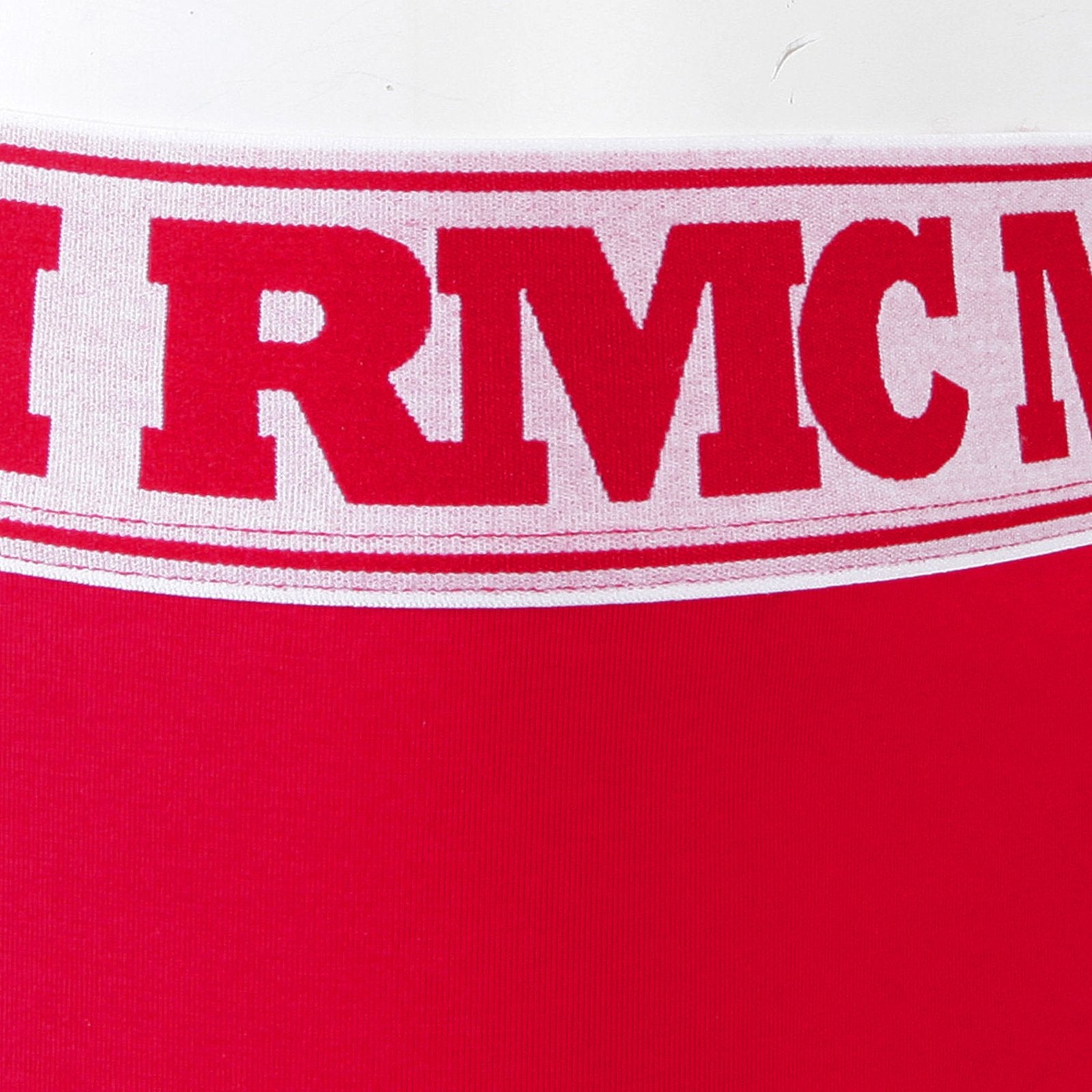 RMC JEANS RED COTTON RQU12007 STRETCH TRUNKS WITH DEEP ELASTICATED WHITE WAISTBAND AND RED WOVEN LOGO RMC003
