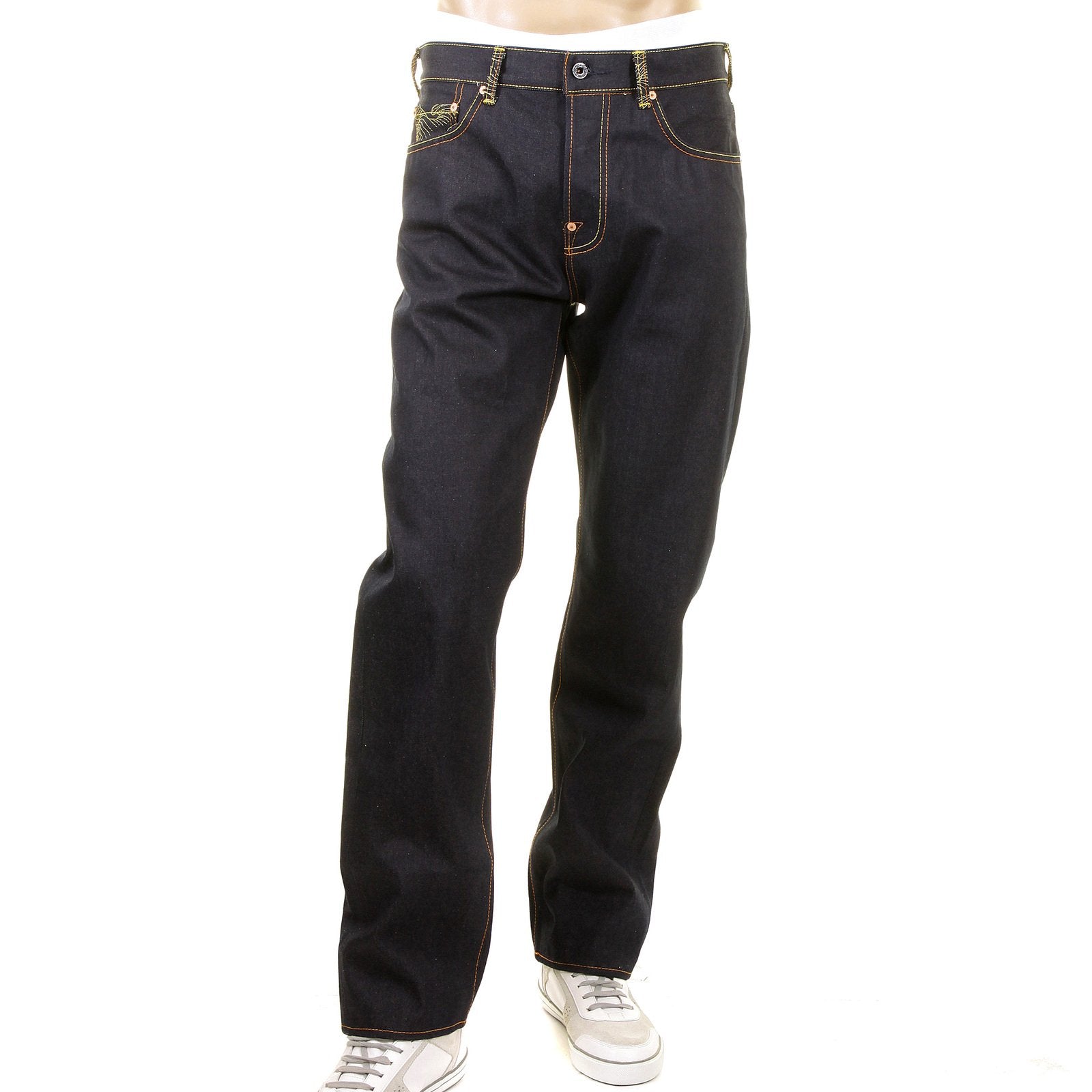 RMC SUPER EXCLUSIVE SLIM CUT 1001 MENS INDIGO RAW SELVEDGE DIAMOND CRANE EMBROIDERED DENIM JEANS REDM1005