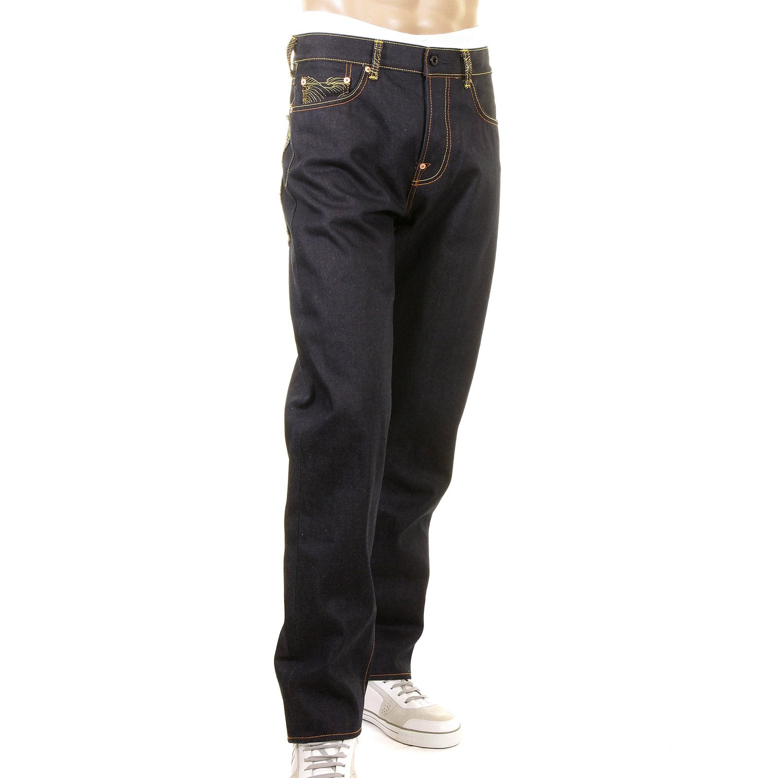 RMC SUPER EXCLUSIVE SLIM CUT 1001 MENS INDIGO RAW SELVEDGE DIAMOND CRANE EMBROIDERED DENIM JEANS REDM1005