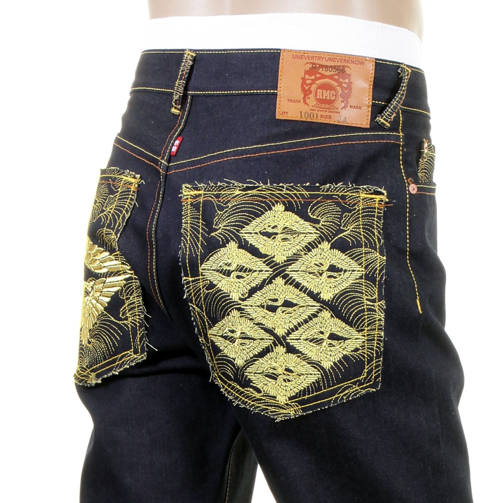 RMC SUPER EXCLUSIVE SLIM CUT 1001 MENS INDIGO RAW SELVEDGE DIAMOND CRANE EMBROIDERED DENIM JEANS REDM1005