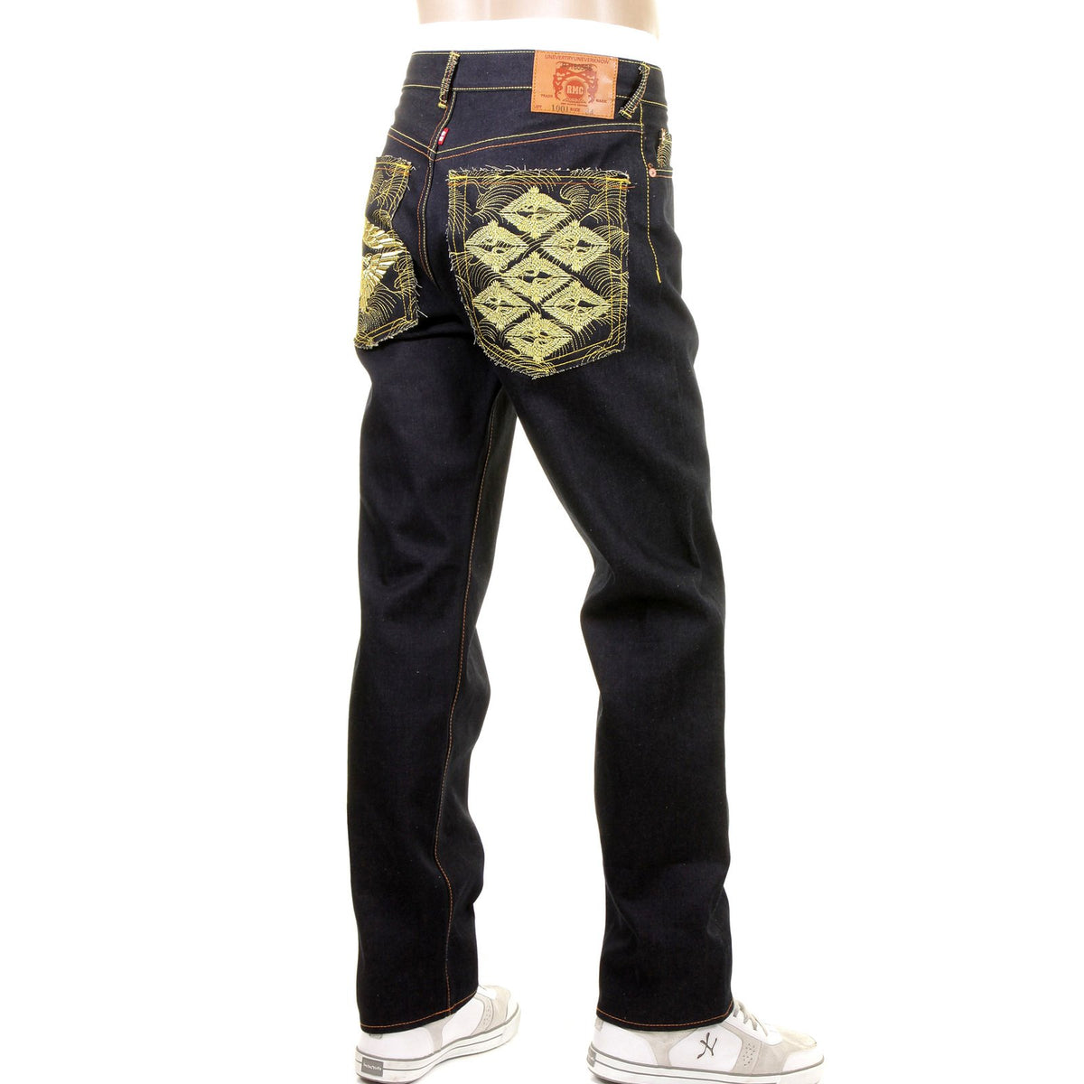 RMC SUPER EXCLUSIVE SLIM CUT 1001 MENS INDIGO RAW SELVEDGE DIAMOND CRANE EMBROIDERED DENIM JEANS REDM1005