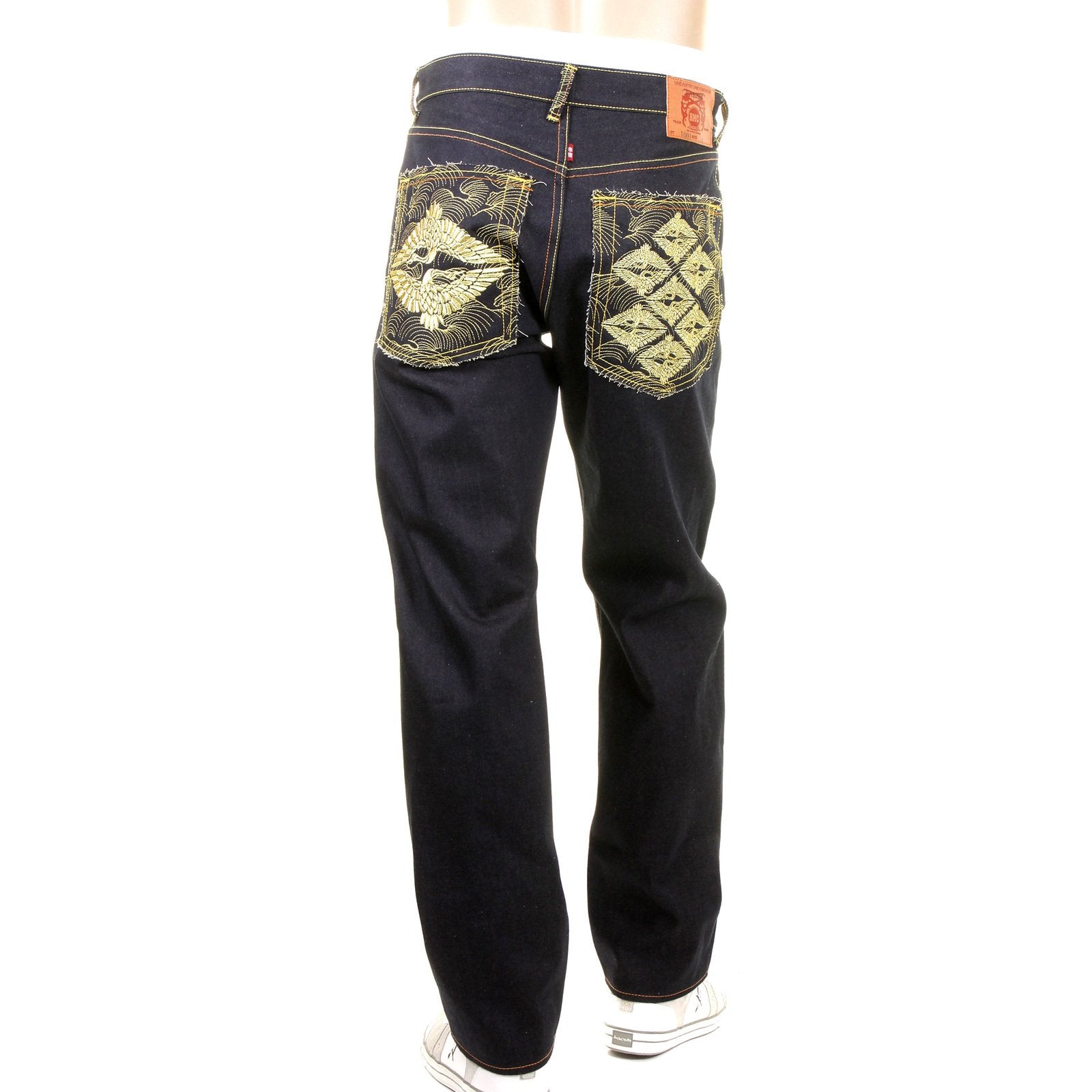 RMC SUPER EXCLUSIVE SLIM CUT 1001 MENS INDIGO RAW SELVEDGE DIAMOND CRANE EMBROIDERED DENIM JEANS REDM1005