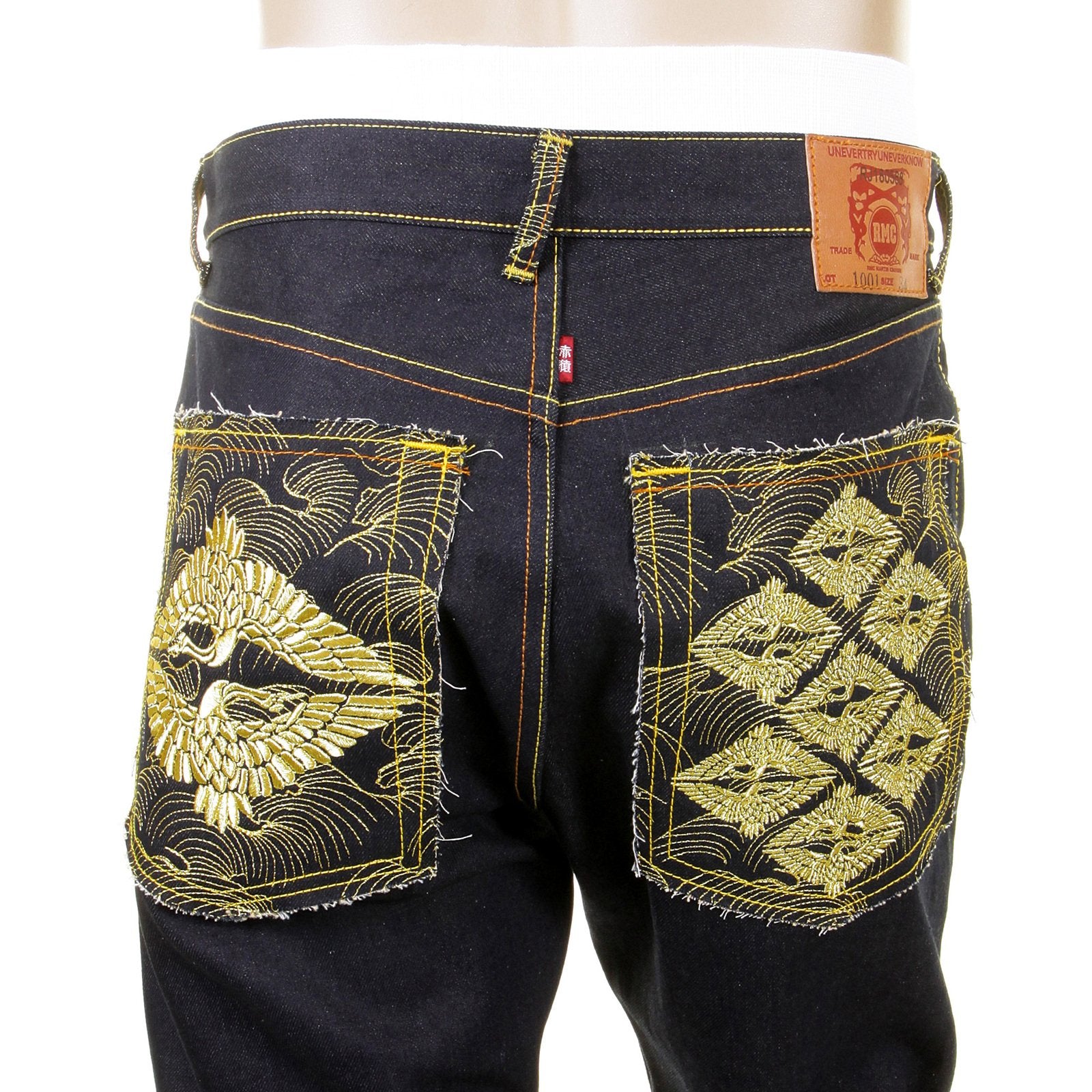 RMC SUPER EXCLUSIVE SLIM CUT 1001 MENS INDIGO RAW SELVEDGE DIAMOND CRANE EMBROIDERED DENIM JEANS REDM1005