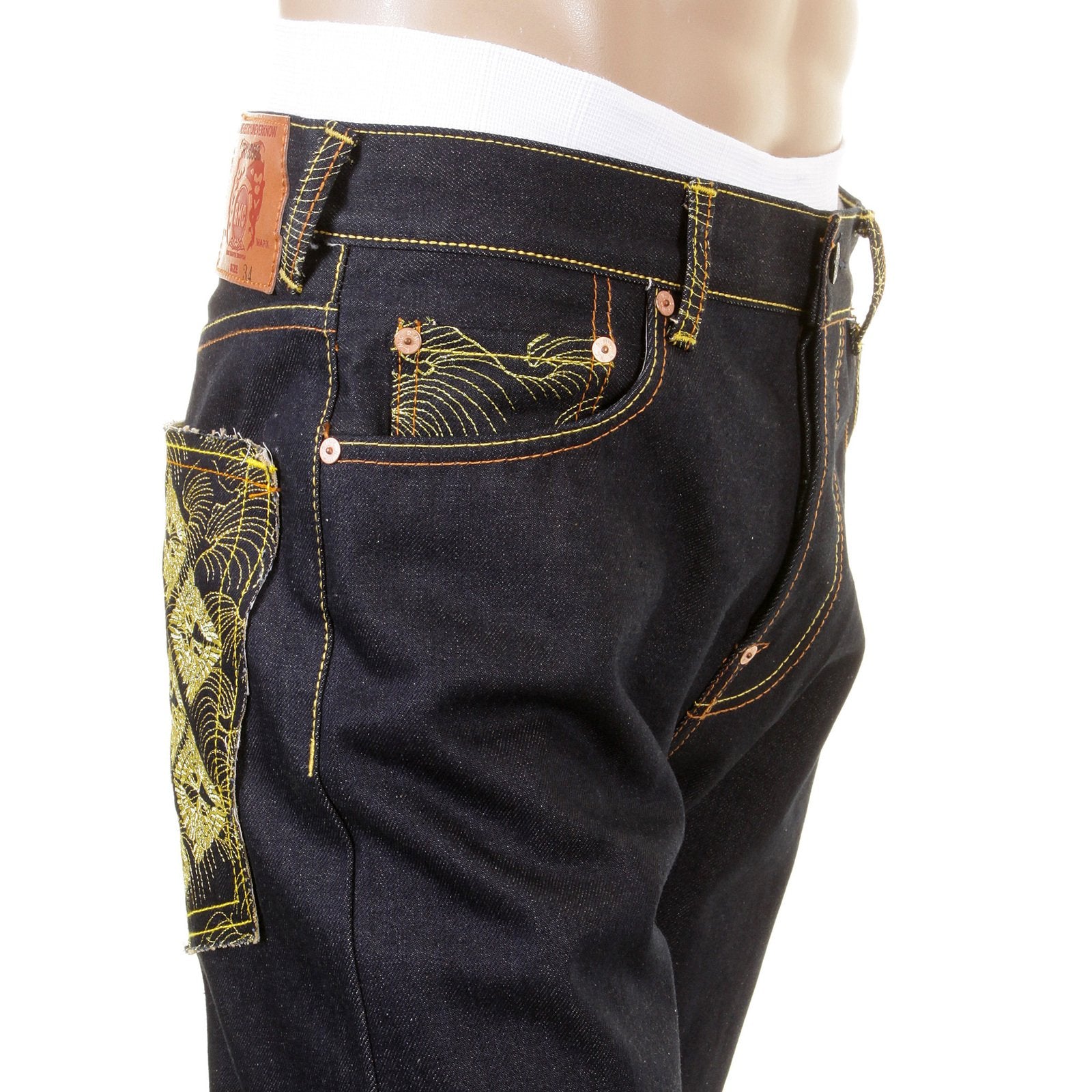 RMC SUPER EXCLUSIVE SLIM CUT 1001 MENS INDIGO RAW SELVEDGE DIAMOND CRANE EMBROIDERED DENIM JEANS REDM1005