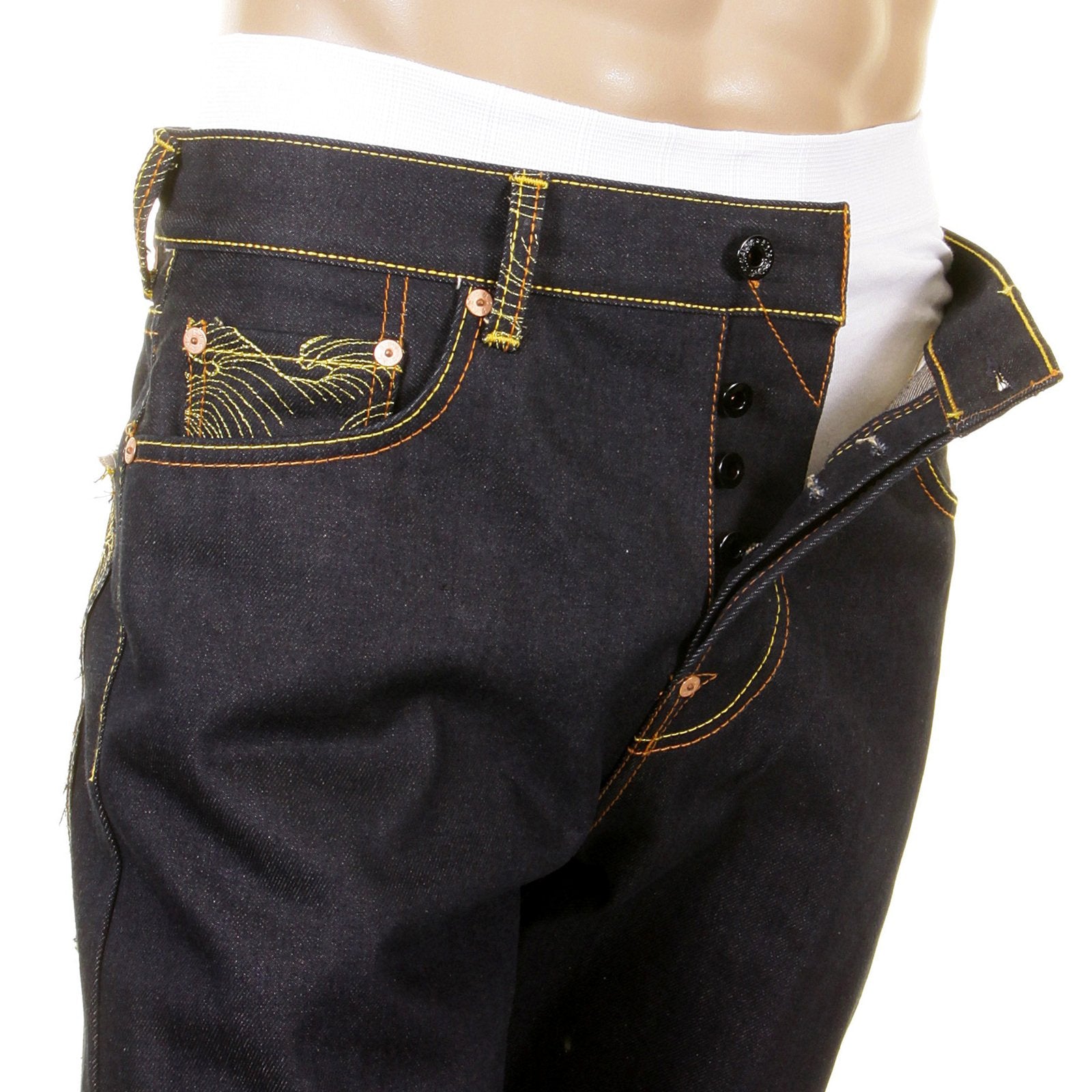 RMC SUPER EXCLUSIVE SLIM CUT 1001 MENS INDIGO RAW SELVEDGE DIAMOND CRANE EMBROIDERED DENIM JEANS REDM1005