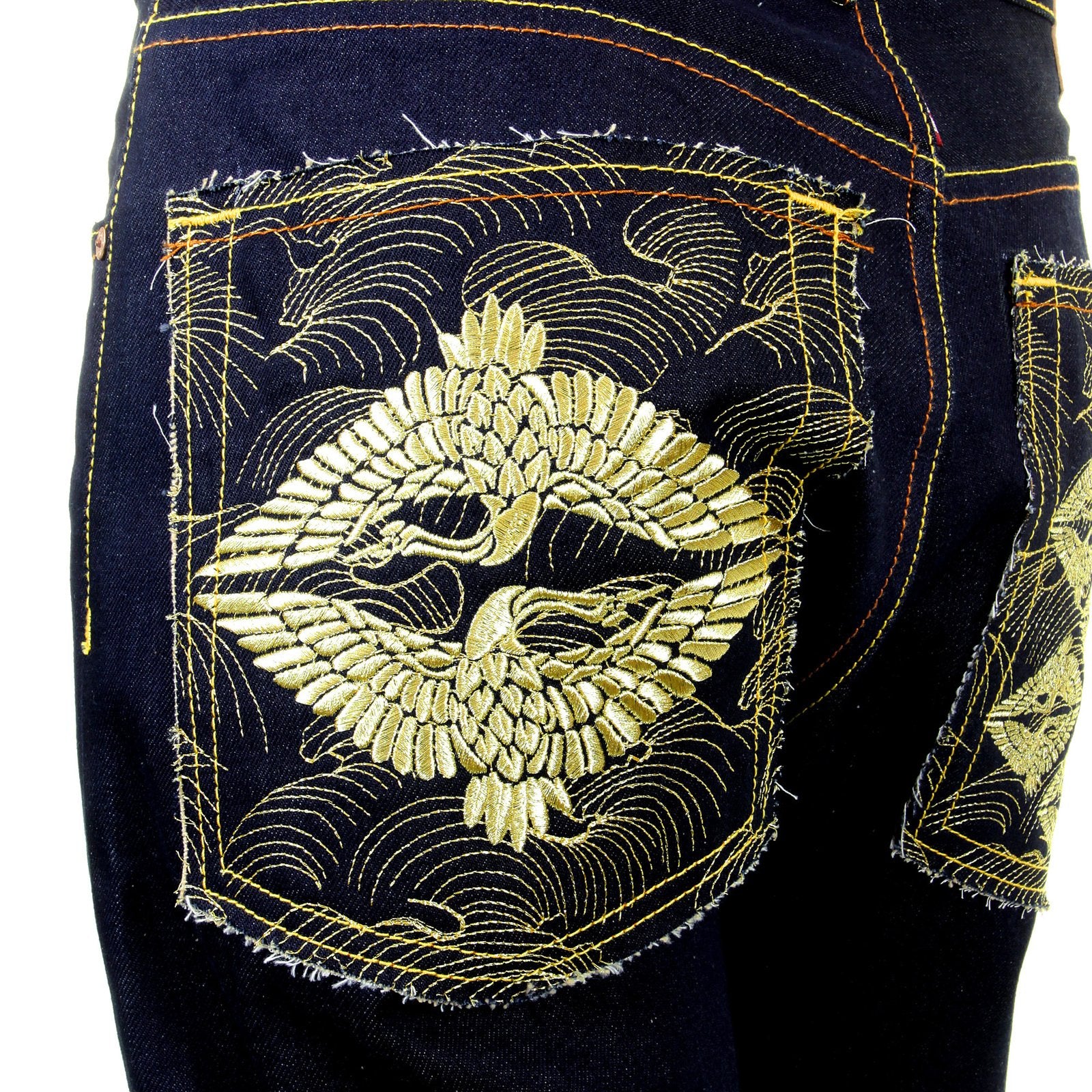 RMC SUPER EXCLUSIVE SLIM CUT 1001 MENS INDIGO RAW SELVEDGE DIAMOND CRANE EMBROIDERED DENIM JEANS REDM1005