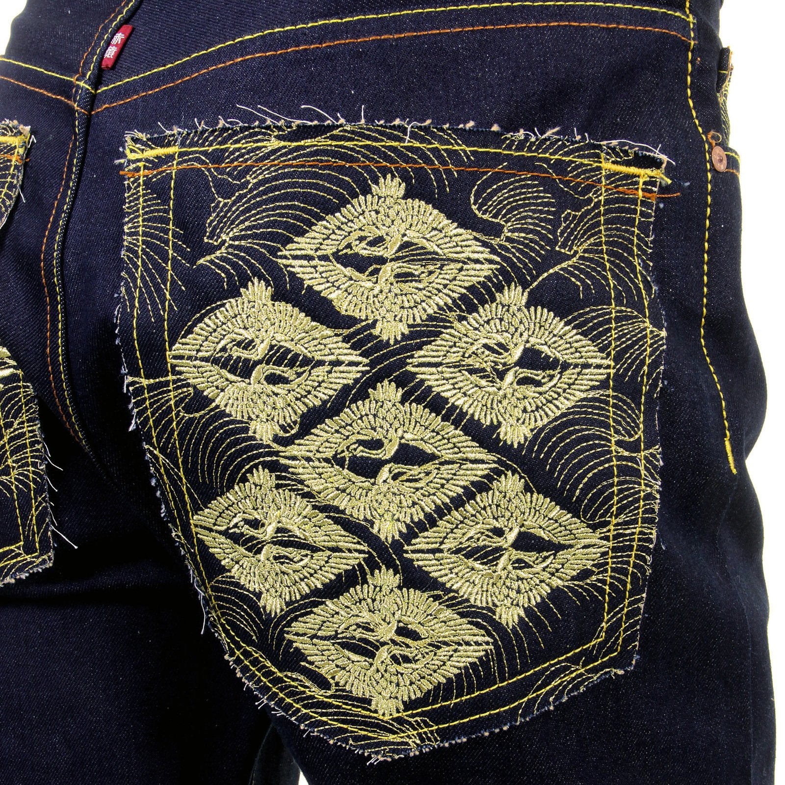 RMC SUPER EXCLUSIVE SLIM CUT 1001 MENS INDIGO RAW SELVEDGE DIAMOND CRANE EMBROIDERED DENIM JEANS REDM1005