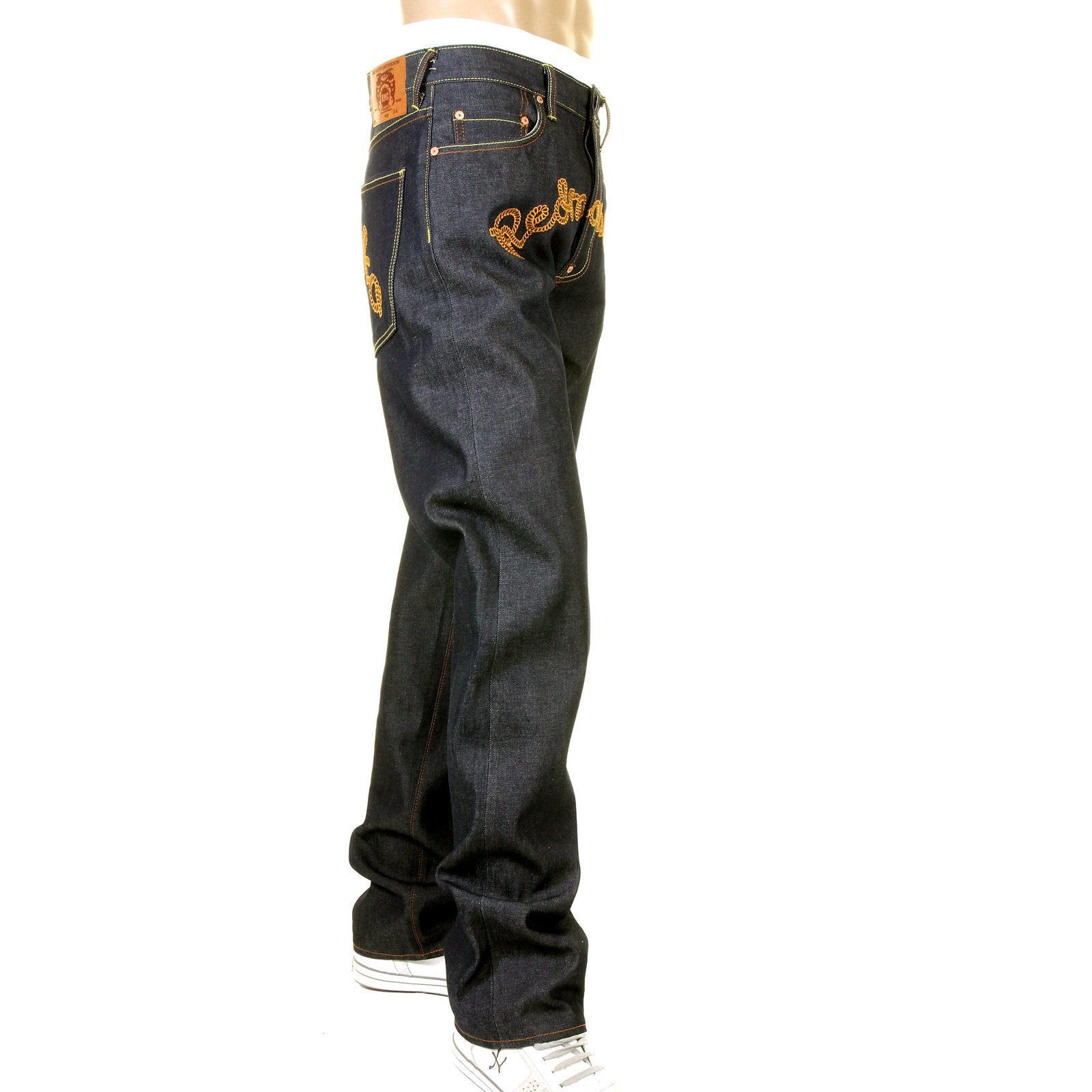 RMC JEANS X YOROPIKO RAW RQP11090 SELVEDGE INDIGO DENIM JEANS WITH CHAIN STITCH EMBROIDERY REDM1210