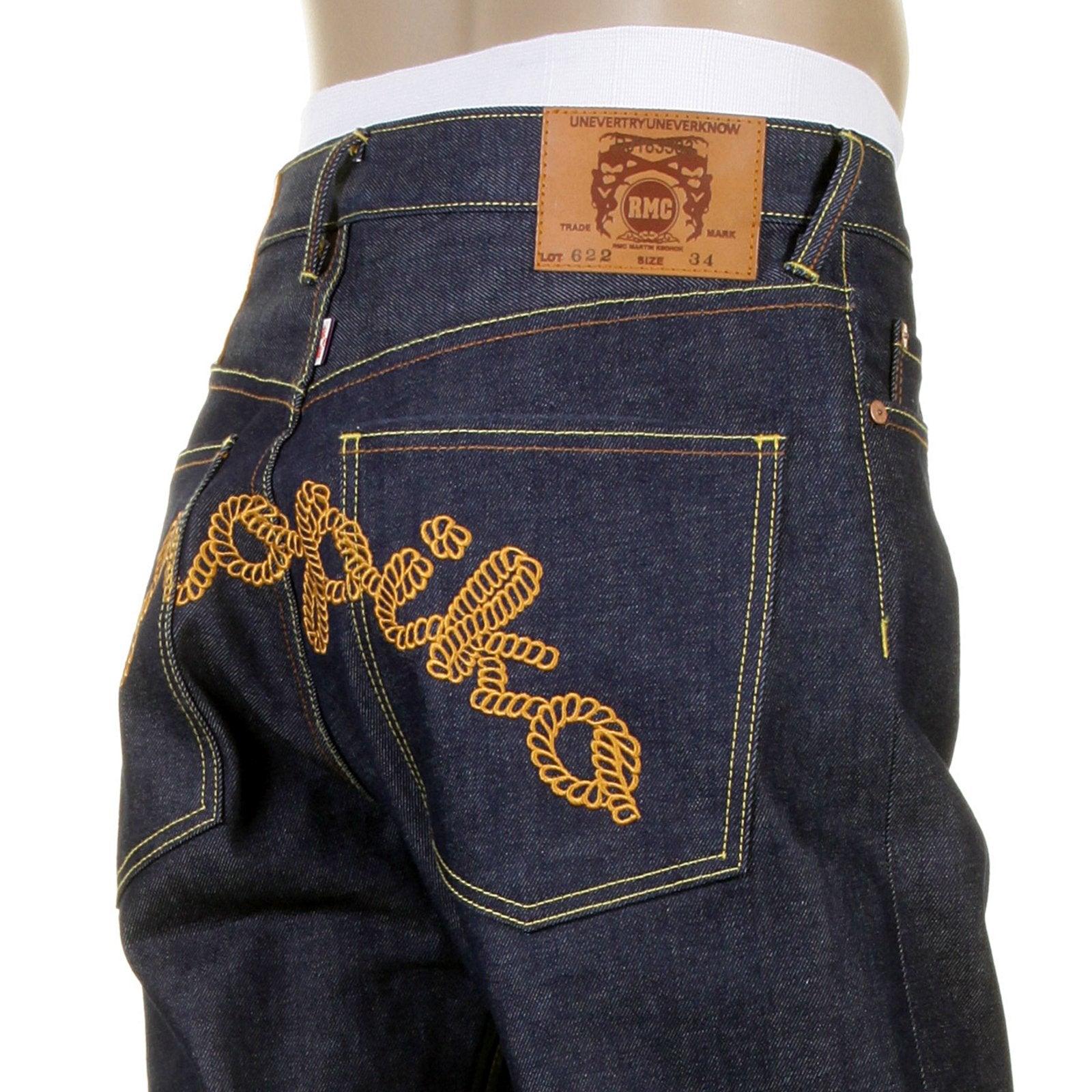 RMC JEANS X YOROPIKO RAW RQP11090 SELVEDGE INDIGO DENIM JEANS WITH CHAIN STITCH EMBROIDERY REDM1210