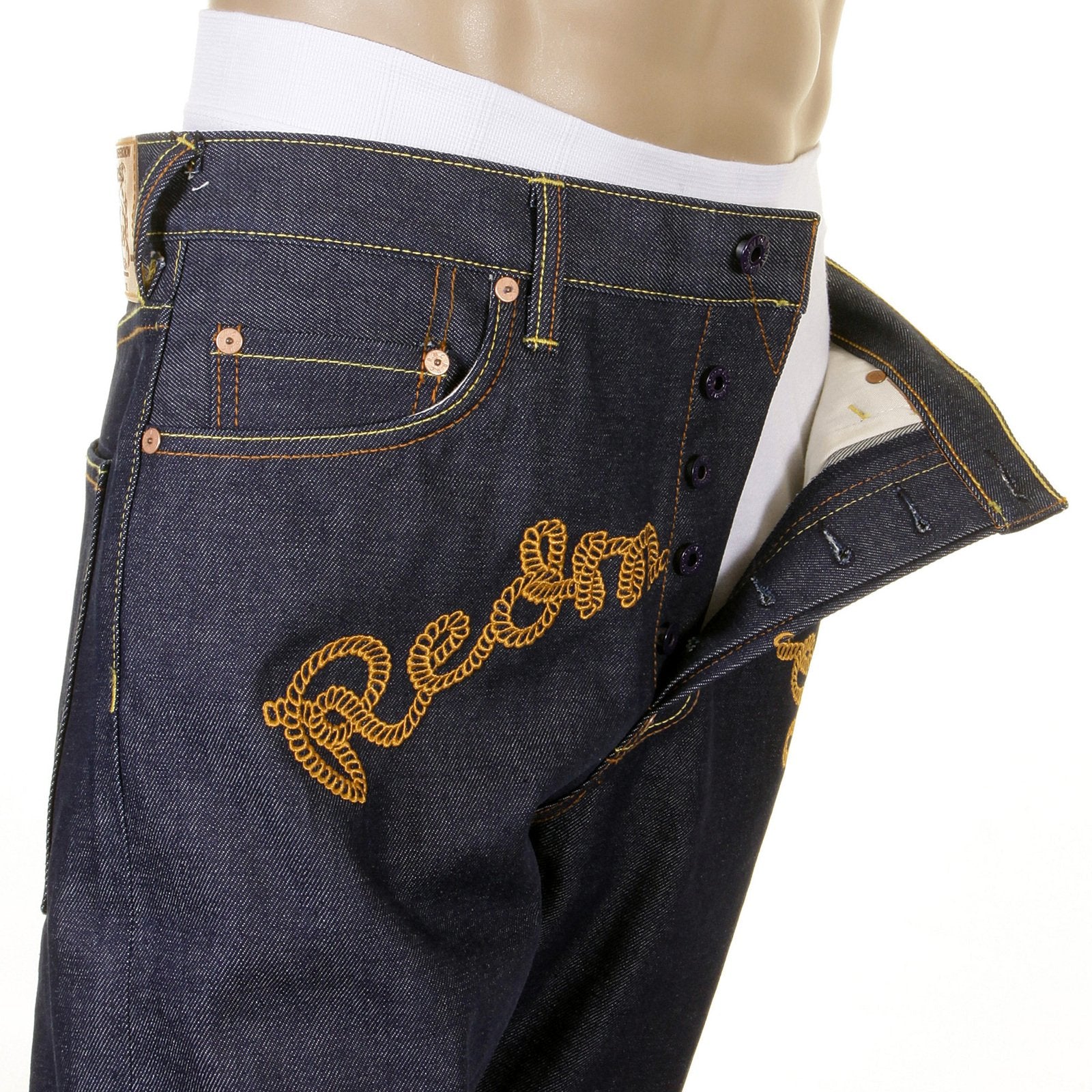 RMC JEANS X YOROPIKO RAW RQP11090 SELVEDGE INDIGO DENIM JEANS WITH CHAIN STITCH EMBROIDERY REDM1210