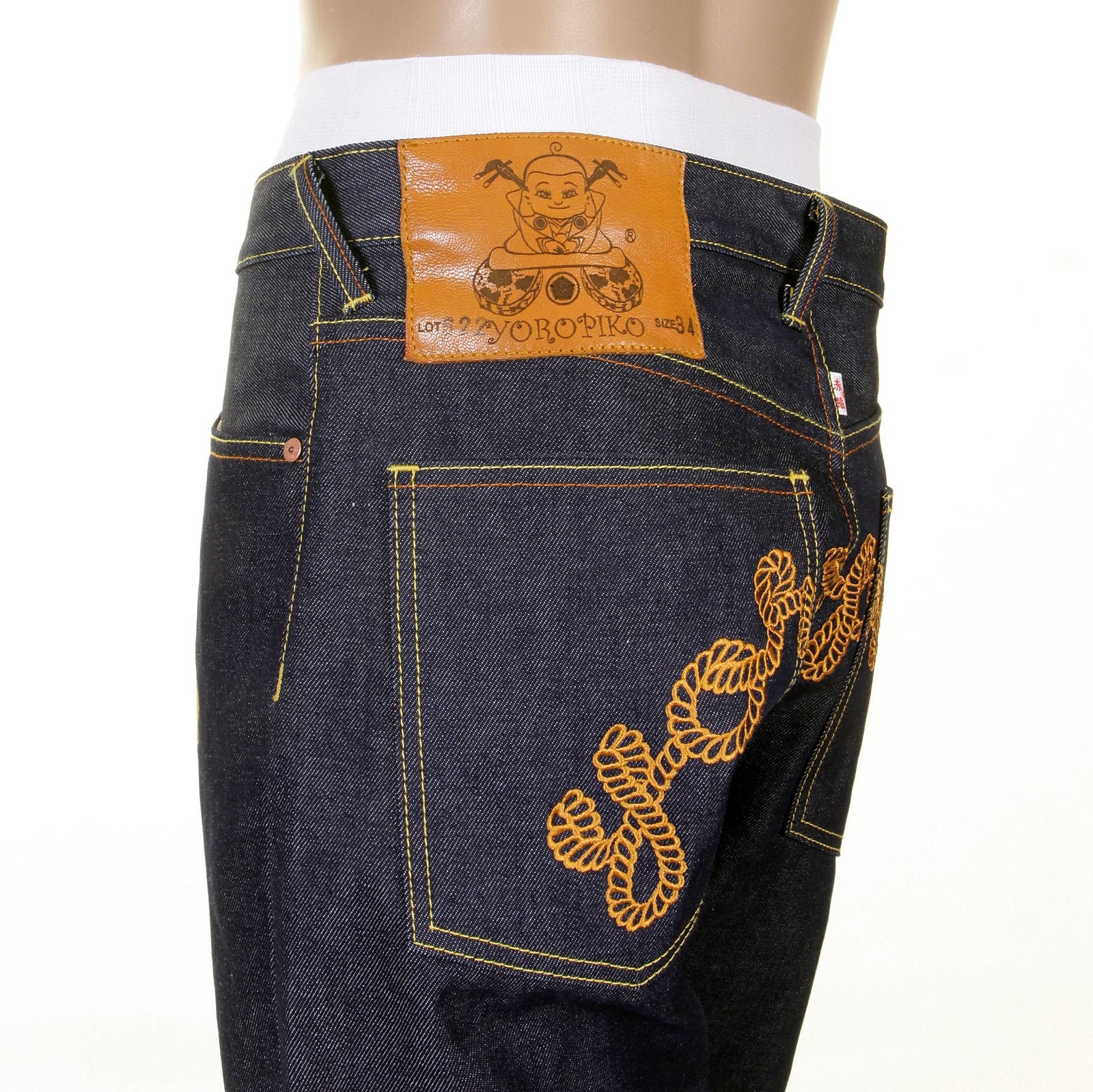 RMC JEANS X YOROPIKO RAW RQP11090 SELVEDGE INDIGO DENIM JEANS WITH CHAIN STITCH EMBROIDERY REDM1210