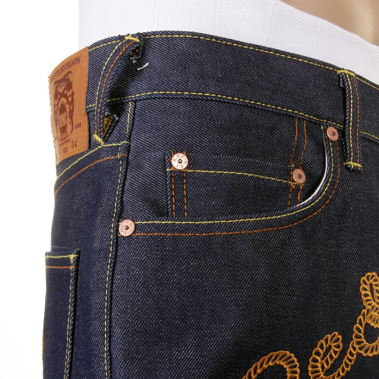 RMC JEANS X YOROPIKO RAW RQP11090 SELVEDGE INDIGO DENIM JEANS WITH CHAIN STITCH EMBROIDERY REDM1210