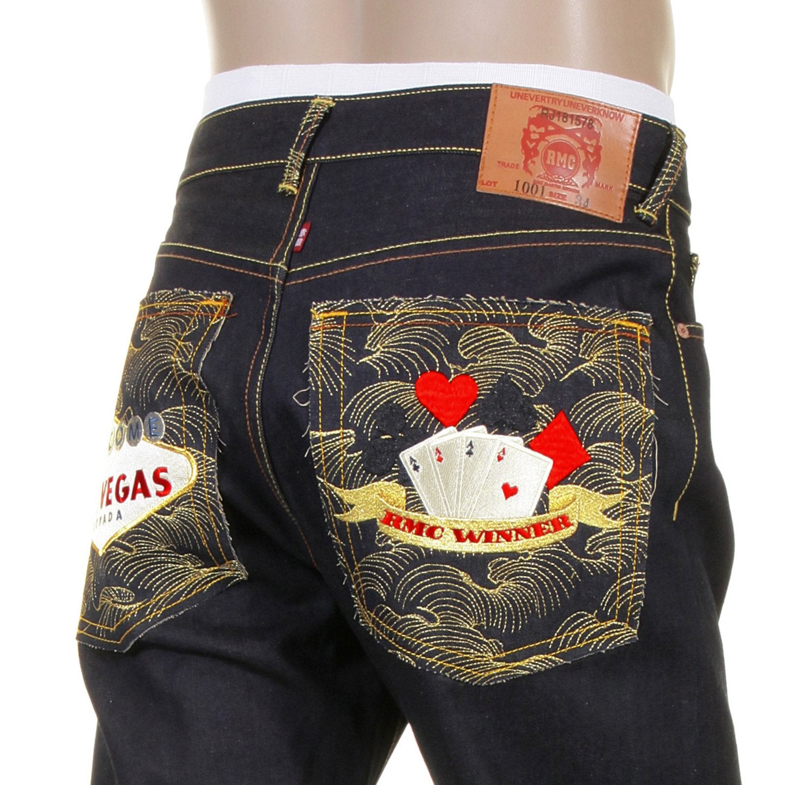 RMC JEANS LAS VEGAS 1001 MODEL SLIMMER CUT DARK INDIGO RMC WINNER UNWASHED RAW DENIM JEANS WITH SUPER EXCLUSIVE DESIGN RMC1218