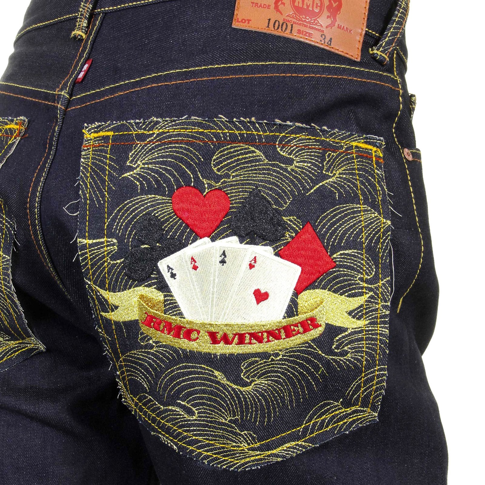 RMC JEANS LAS VEGAS 1001 MODEL SLIMMER CUT DARK INDIGO RMC WINNER UNWASHED RAW DENIM JEANS WITH SUPER EXCLUSIVE DESIGN RMC1218