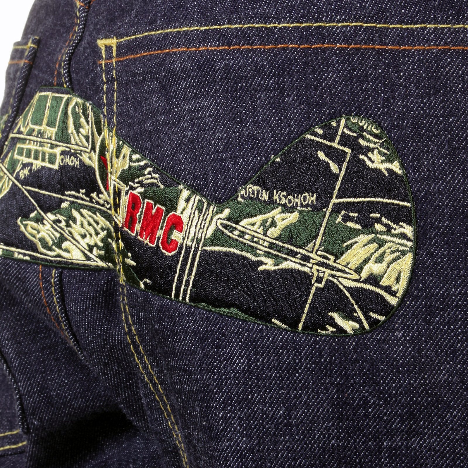RMC JEANS DARK INDIGO RQP11118 UNWASHED RAW DENIM JEANS WITH TIGER CAMO PLANE EMBROIDERY REDM1241