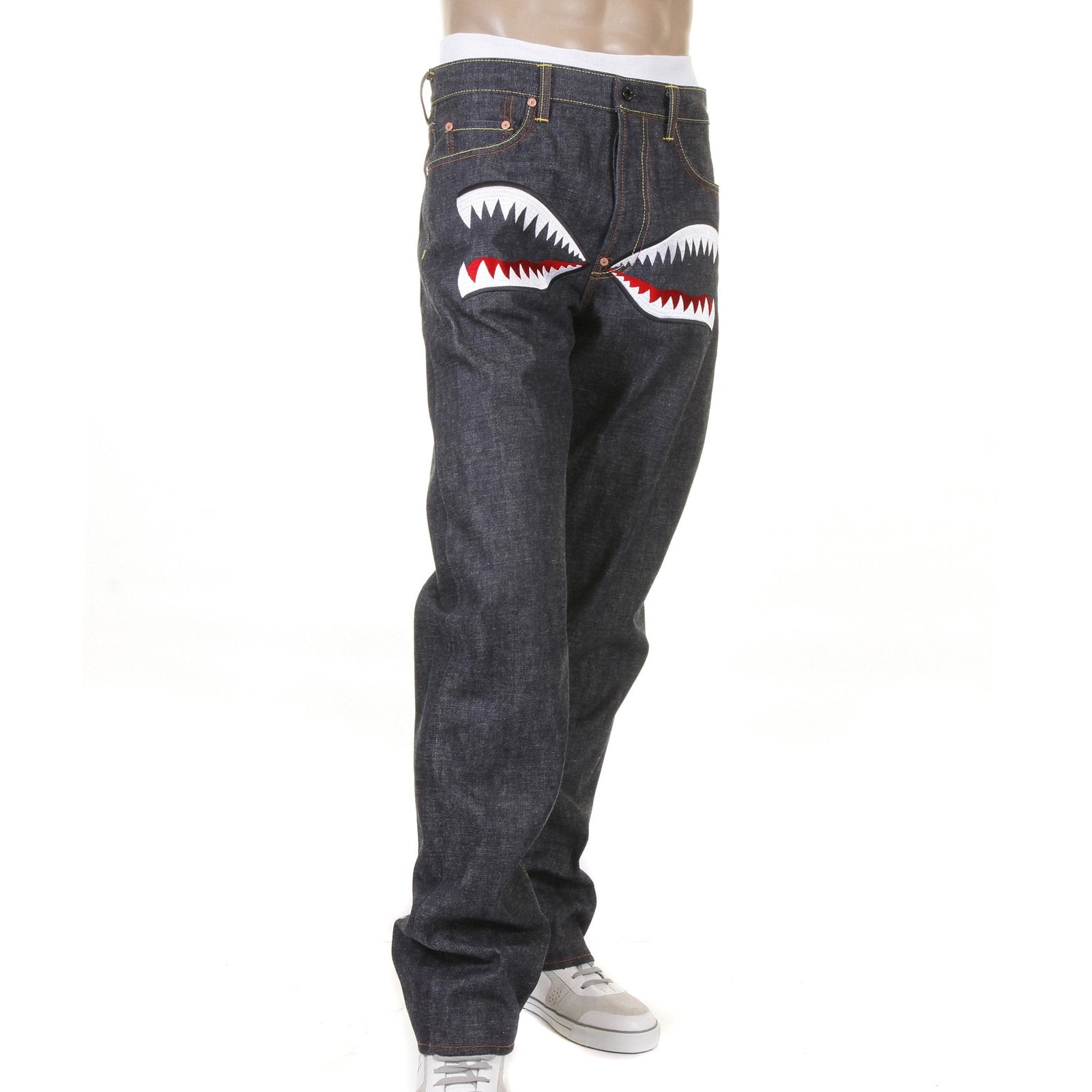 RMC JEANS DARK INDIGO RQP11118 UNWASHED RAW DENIM JEANS WITH TIGER CAMO PLANE EMBROIDERY REDM1241