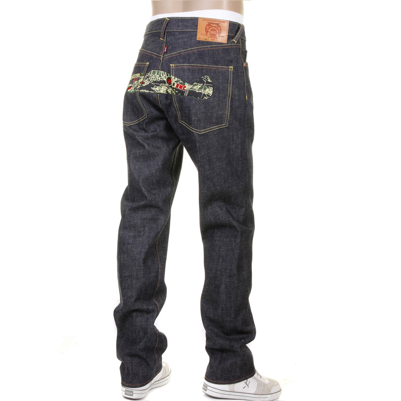 RMC JEANS DARK INDIGO RQP11118 UNWASHED RAW DENIM JEANS WITH TIGER CAMO PLANE EMBROIDERY REDM1241