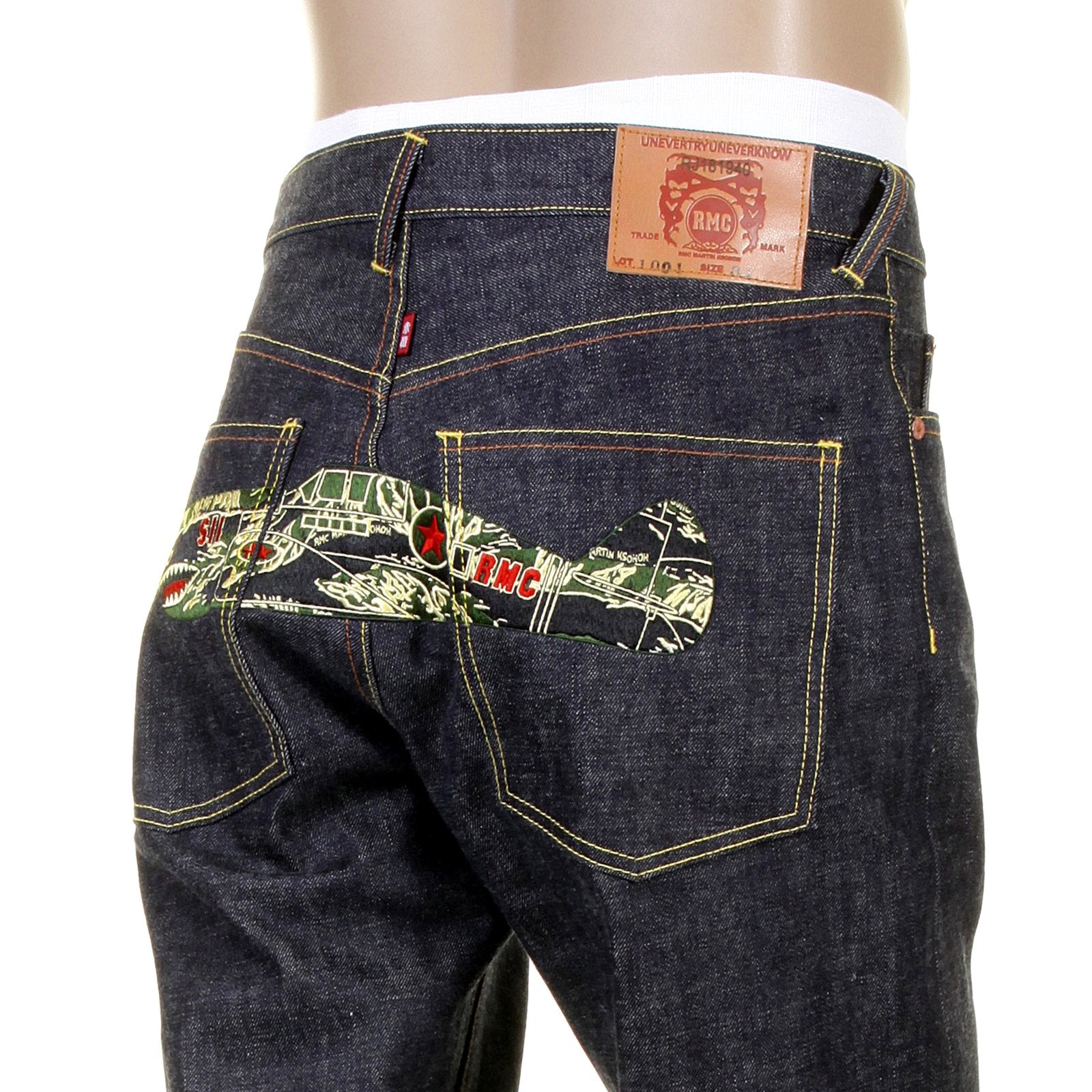 RMC JEANS DARK INDIGO RQP11118 UNWASHED RAW DENIM JEANS WITH TIGER CAMO PLANE EMBROIDERY REDM1241