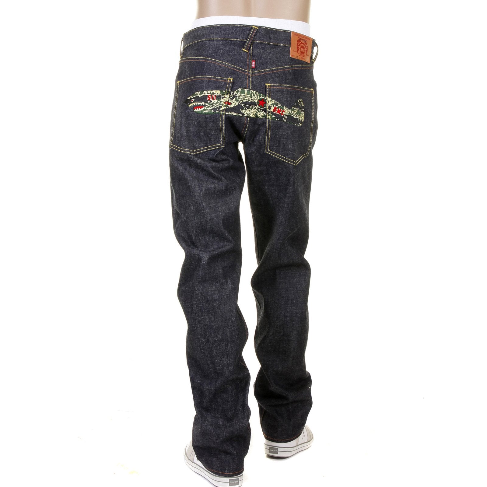RMC JEANS DARK INDIGO RQP11118 UNWASHED RAW DENIM JEANS WITH TIGER CAMO PLANE EMBROIDERY REDM1241