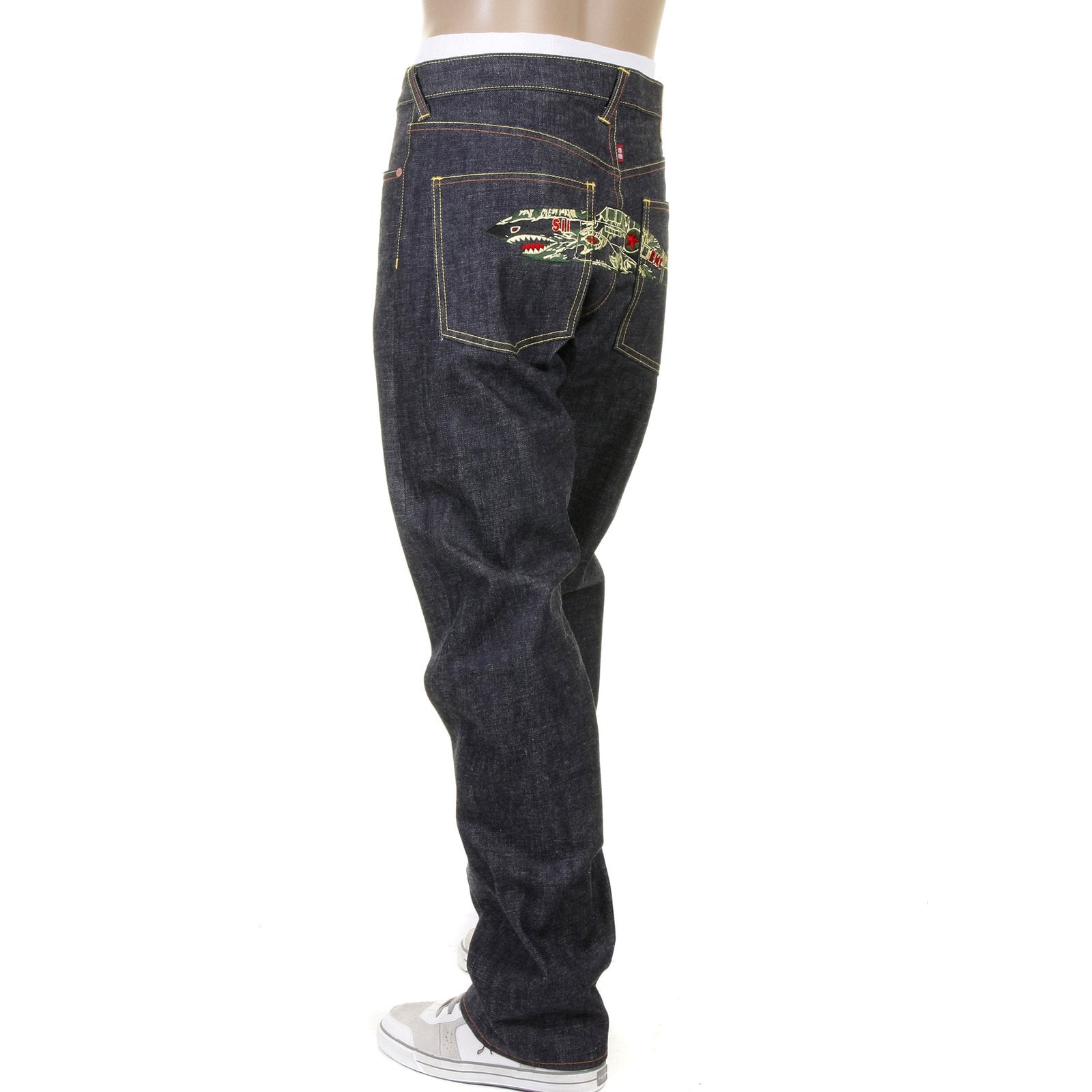 RMC JEANS DARK INDIGO RQP11118 UNWASHED RAW DENIM JEANS WITH TIGER CAMO PLANE EMBROIDERY REDM1241