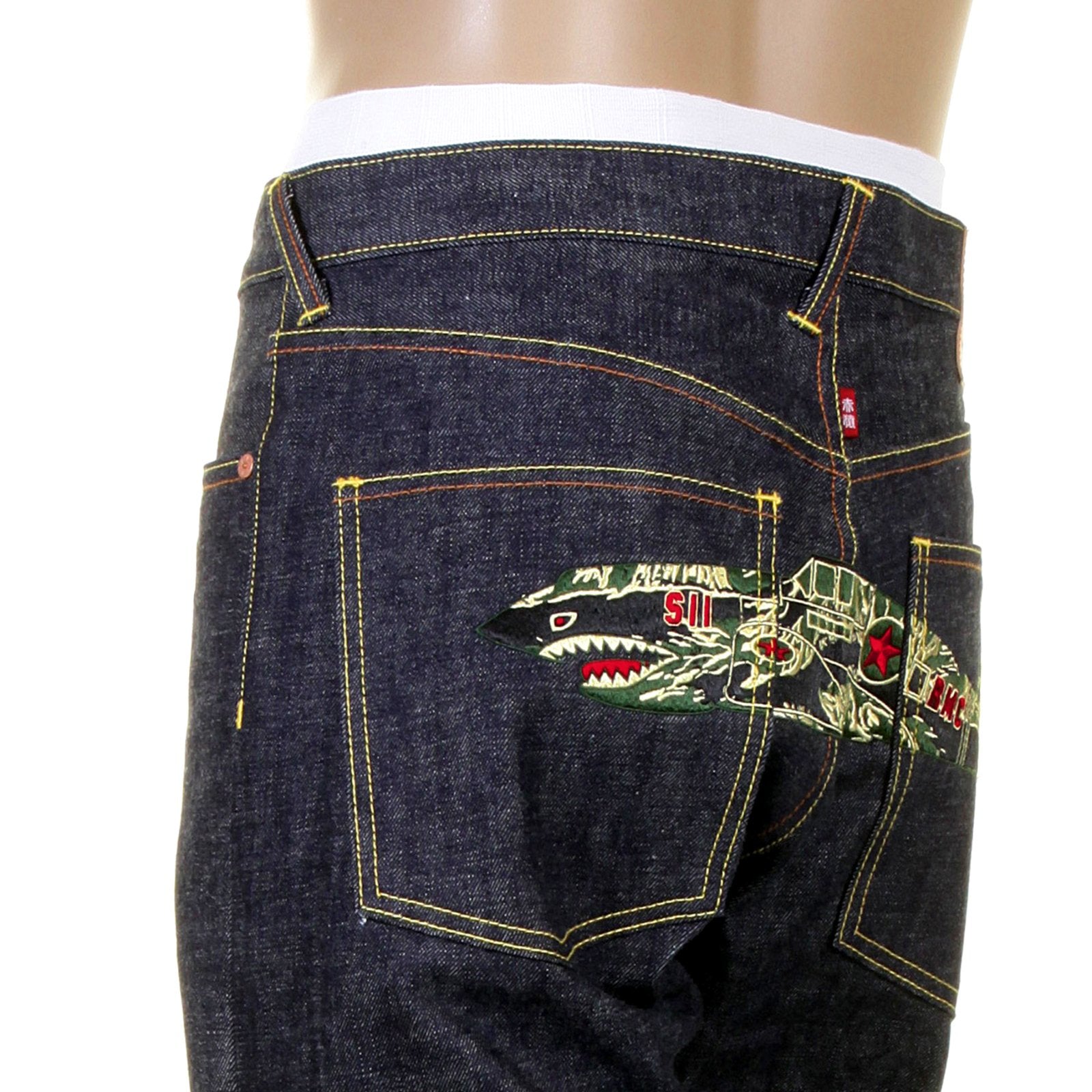 RMC JEANS DARK INDIGO RQP11118 UNWASHED RAW DENIM JEANS WITH TIGER CAMO PLANE EMBROIDERY REDM1241